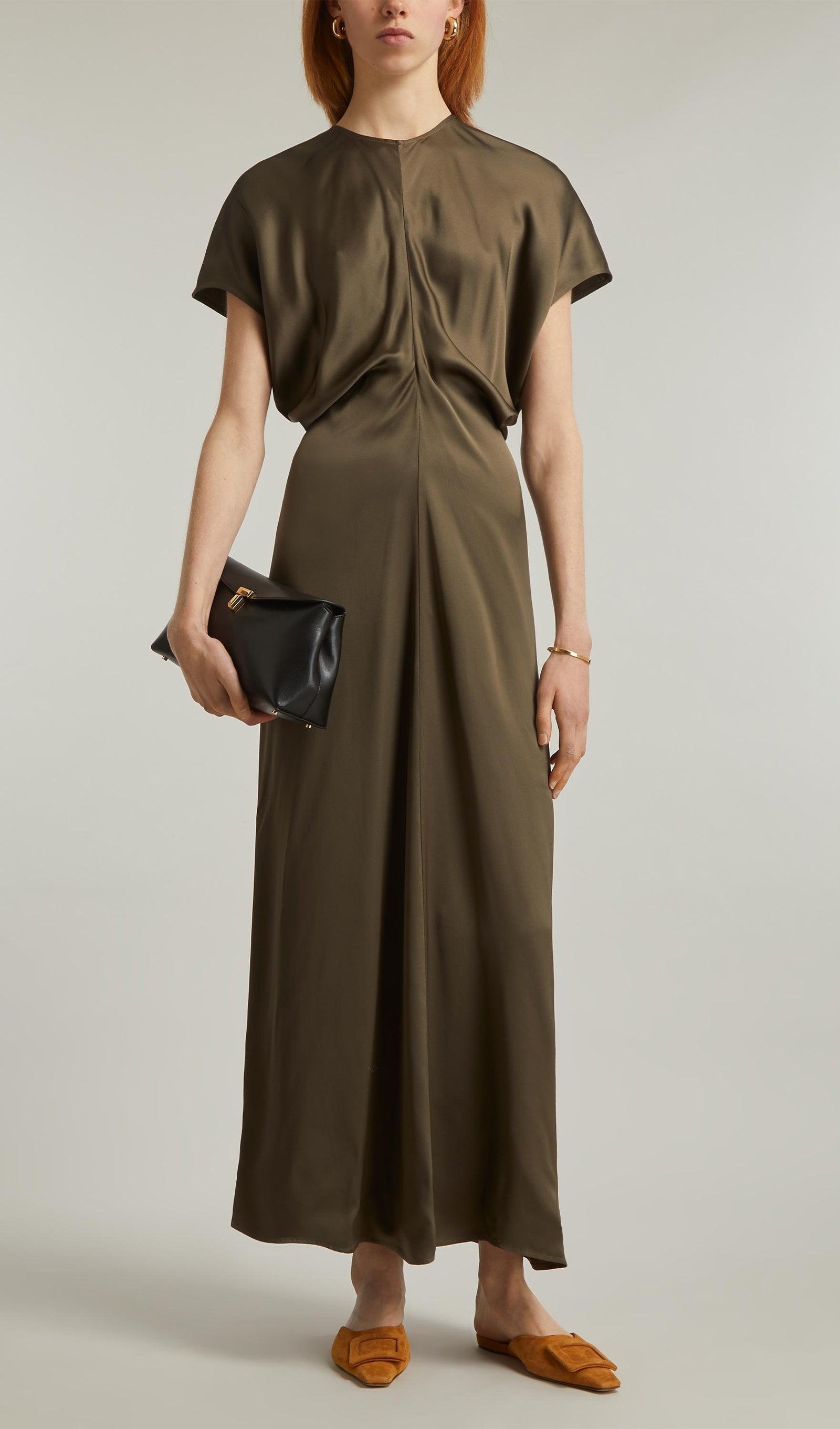 Slouch Bel Saten Midi Elbise-Yeşil