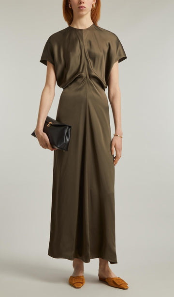 Slouch Bel Saten Midi Elbise-Yeşil
