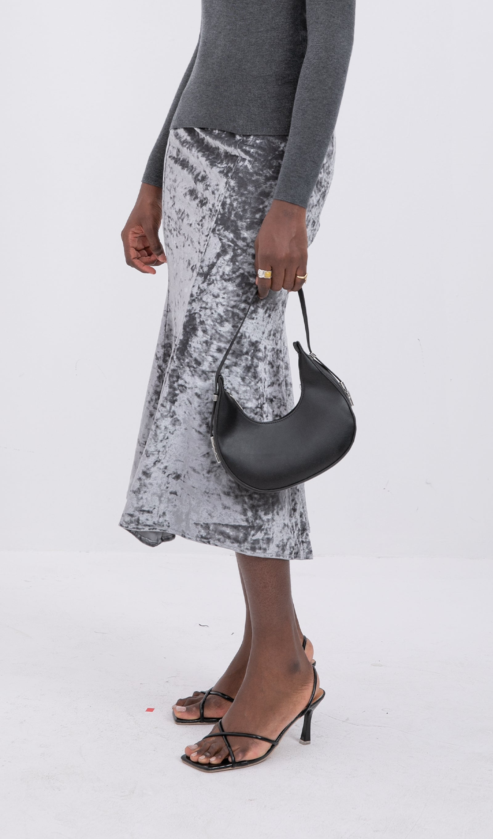 Trendy Yüksek Bel Kadife Midi Etek-Gümüş