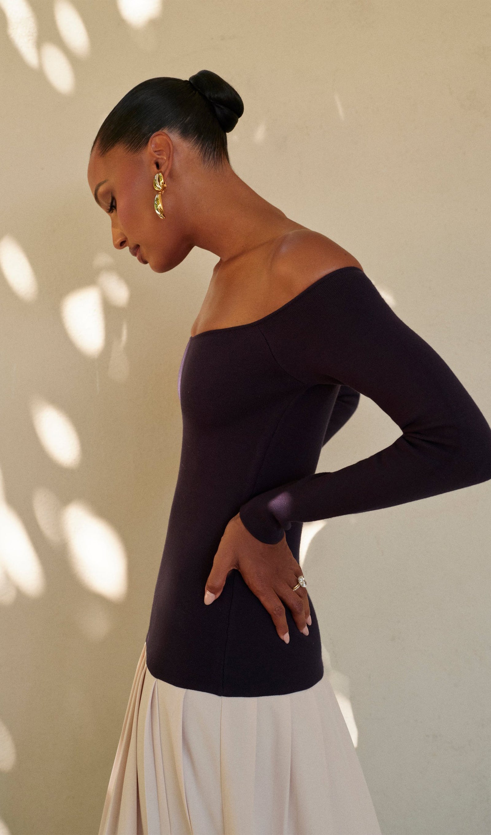 Kontrast Örgü Kapalı Omuz Maksi Elbise