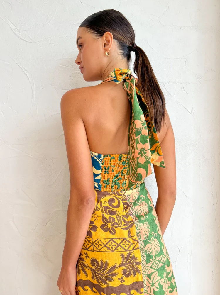 Seksi Baskı Bandaj Sırtı Açık Halter Baskılı Maxi Elbise