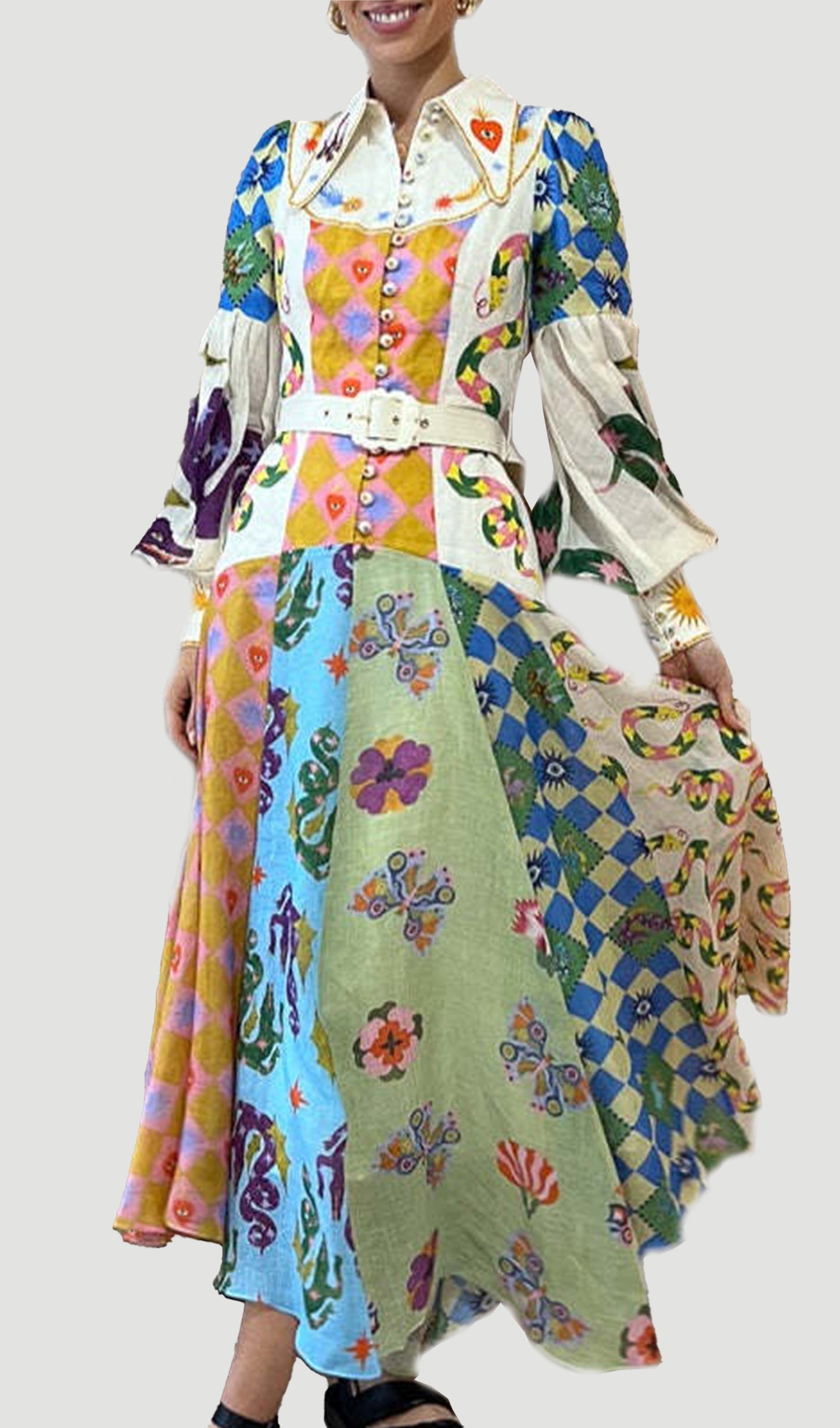 Patchwork Fener Kollu Kemer Gömlek Maksi Elbise