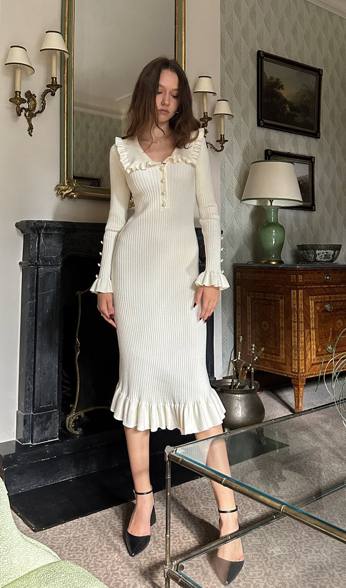 Örme Fırfırlı Midi Elbise-Beyaz