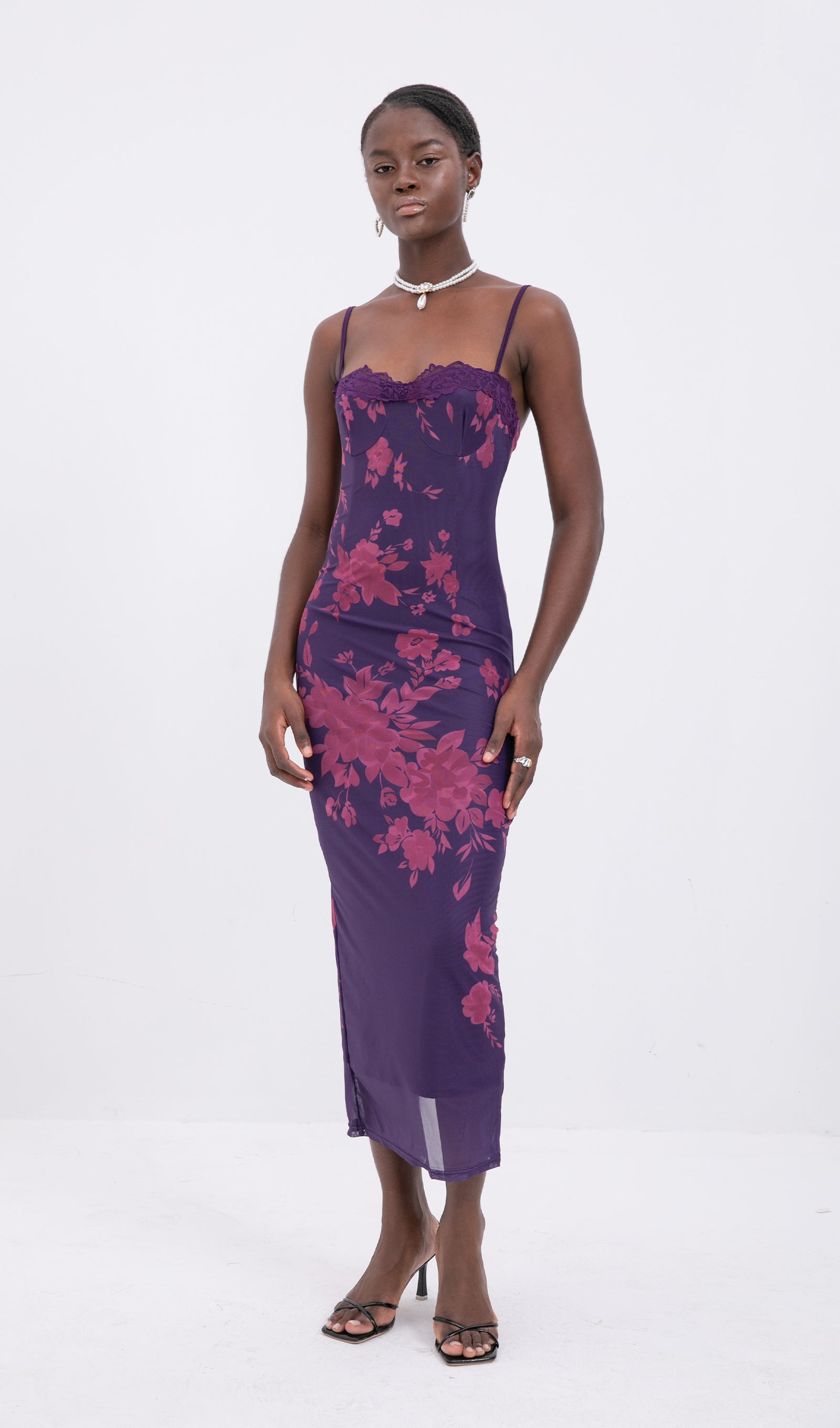 Trendy Bağcıklı Dantel Çiçekli Örgü Midi Elbise