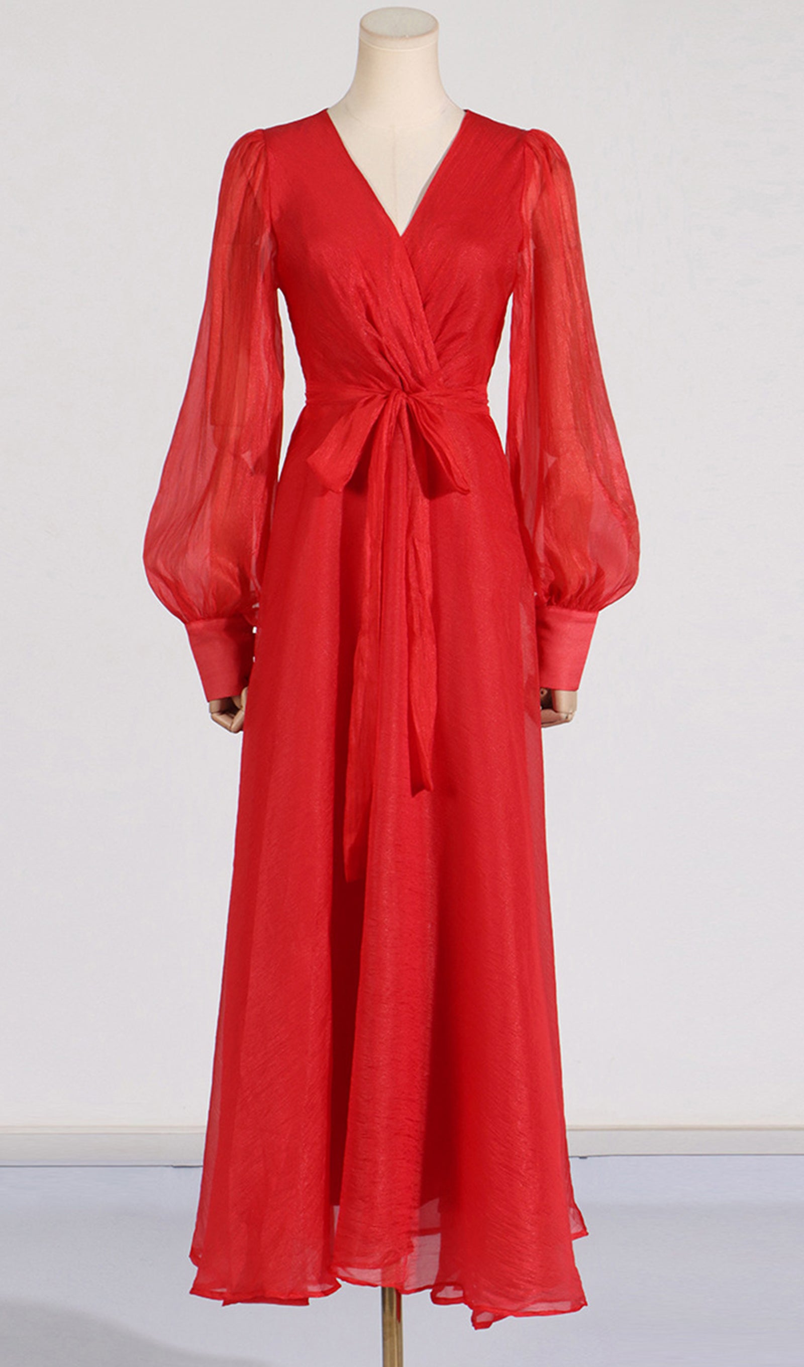 Fener Kollu V Yaka Bel Kemerli Maksi Elbise