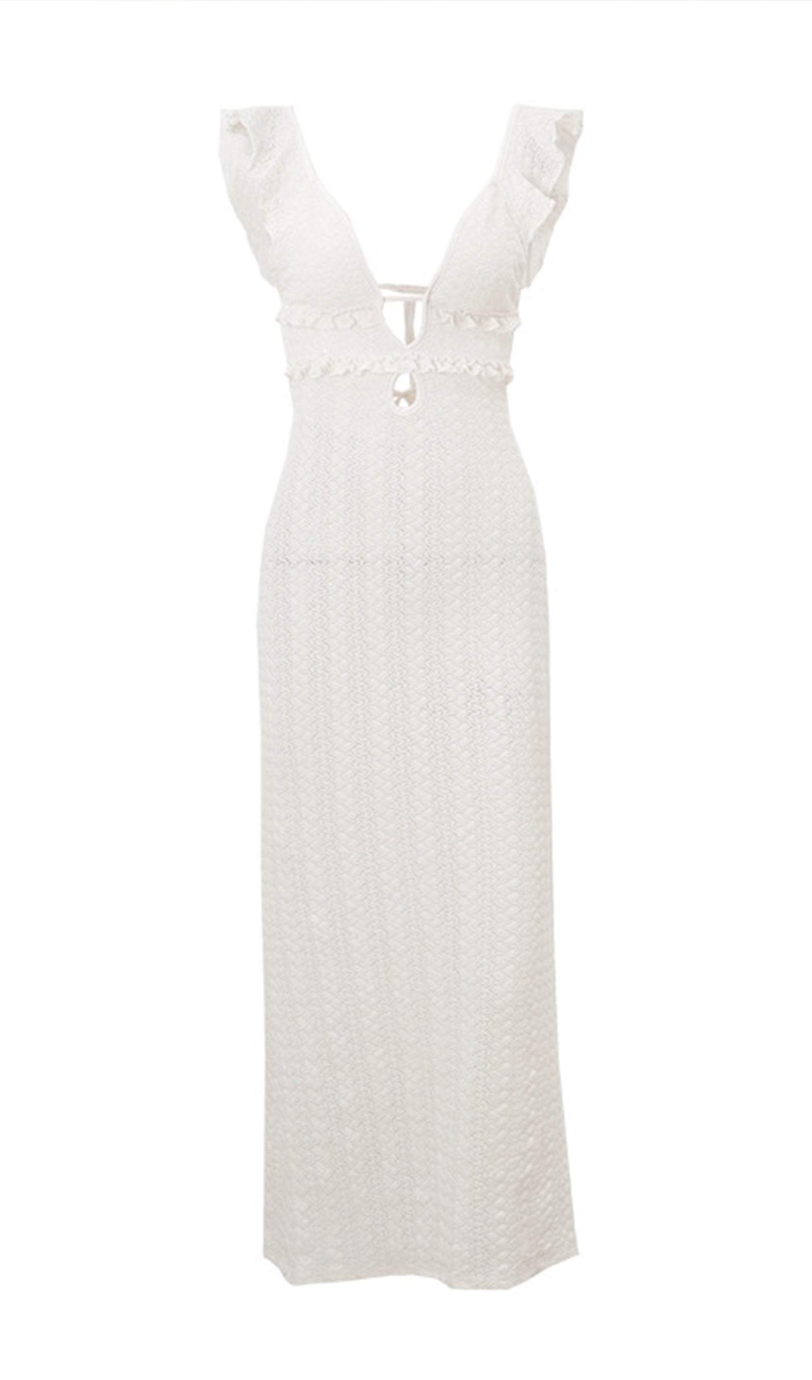 Fırfırlı Sırtı Açık Örgü Maksi Elbise