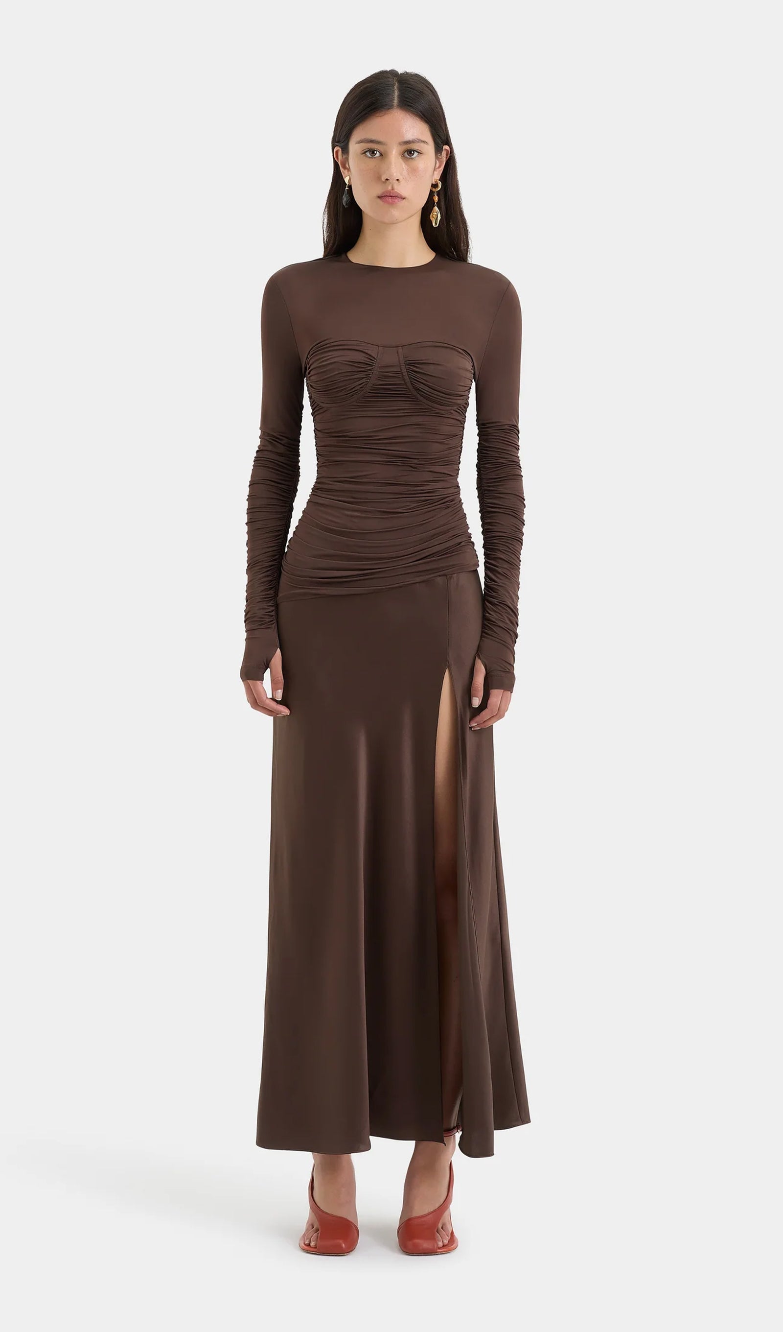 Drapeli Jersey ve Saten Maksi Elbise-Kahverengi