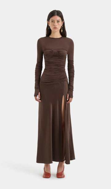 Drapeli Jersey ve Saten Maksi Elbise-Kahverengi