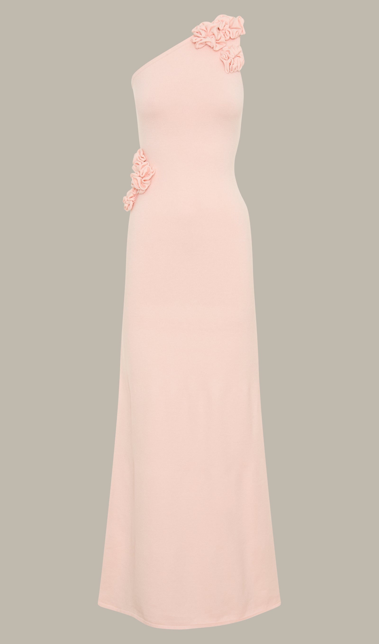 Tek Omuz Çiçekli Örgü Maksi Elbise - Bebek Pembesi