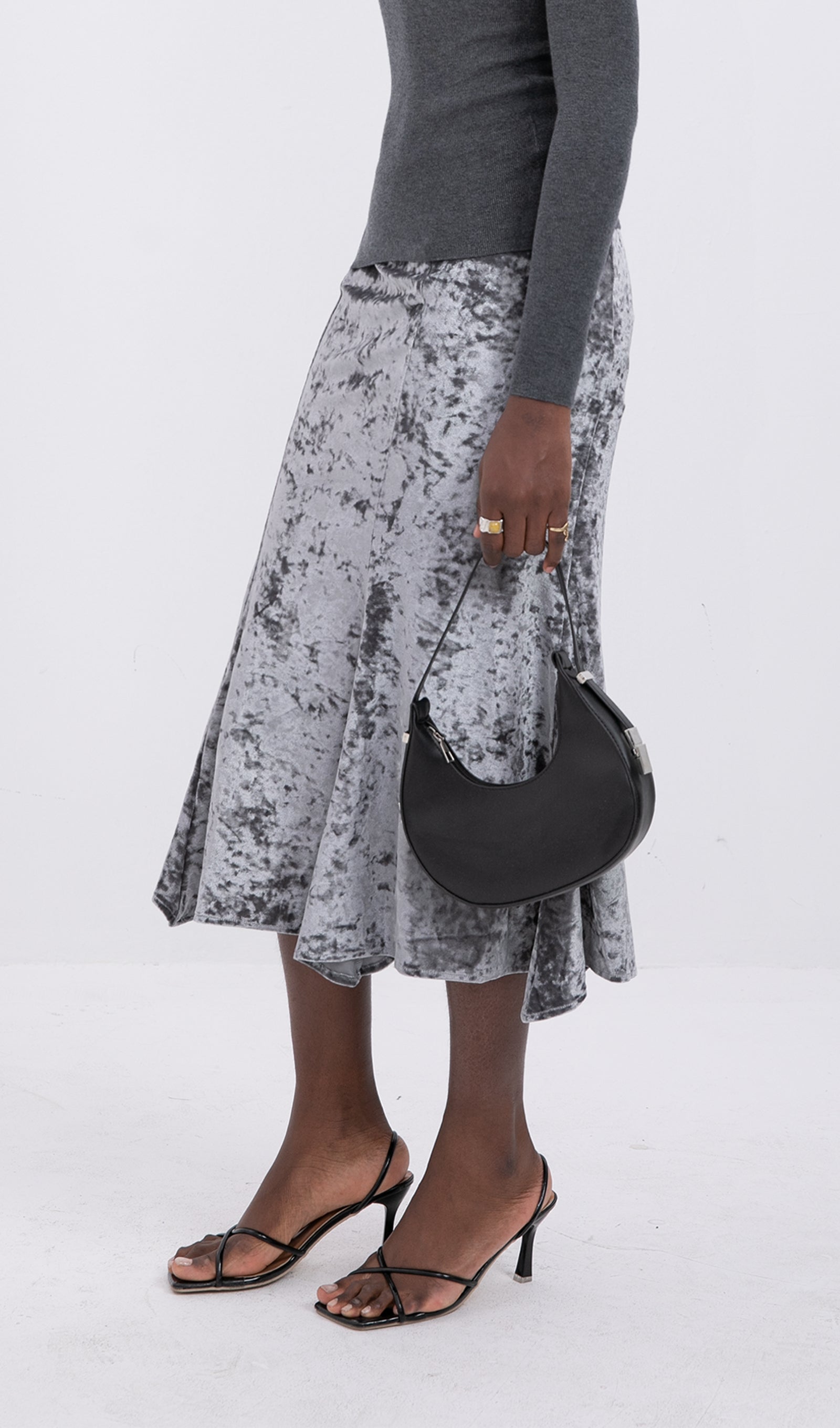 Trendy Yüksek Bel Kadife Midi Etek-Gümüş