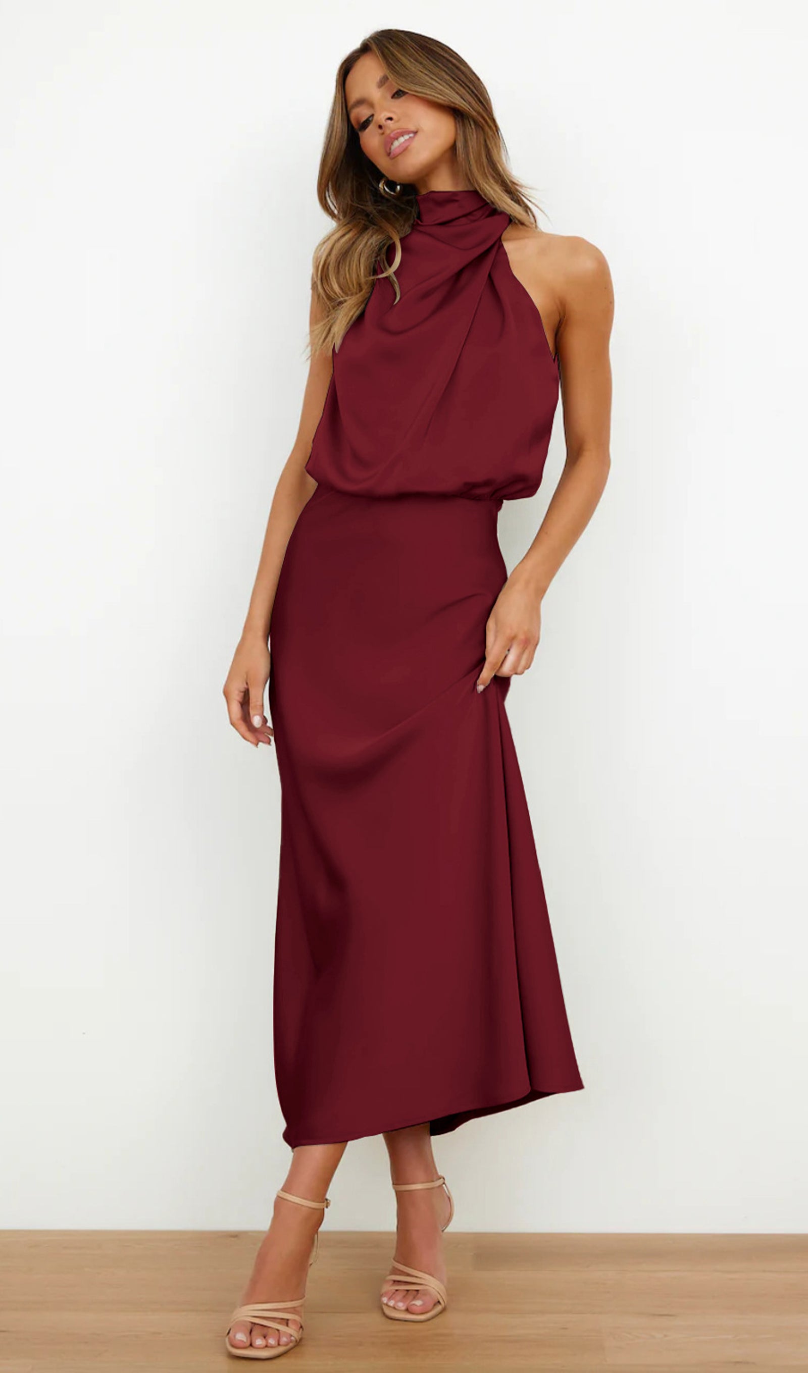 Asimetrik Saten Midi Elbise