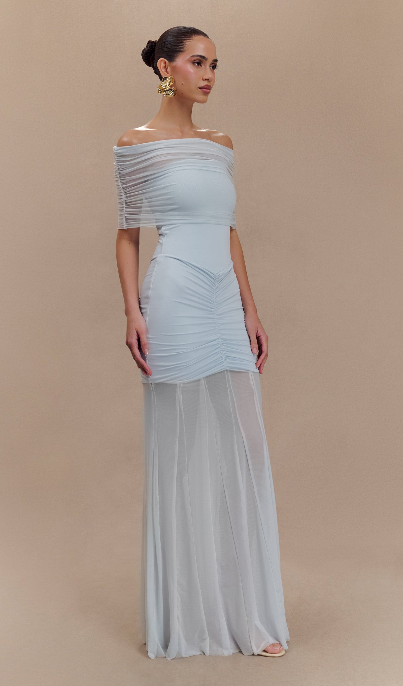 Slinky Kapalı Omuz Maksi Elbise-Soluk Mavi