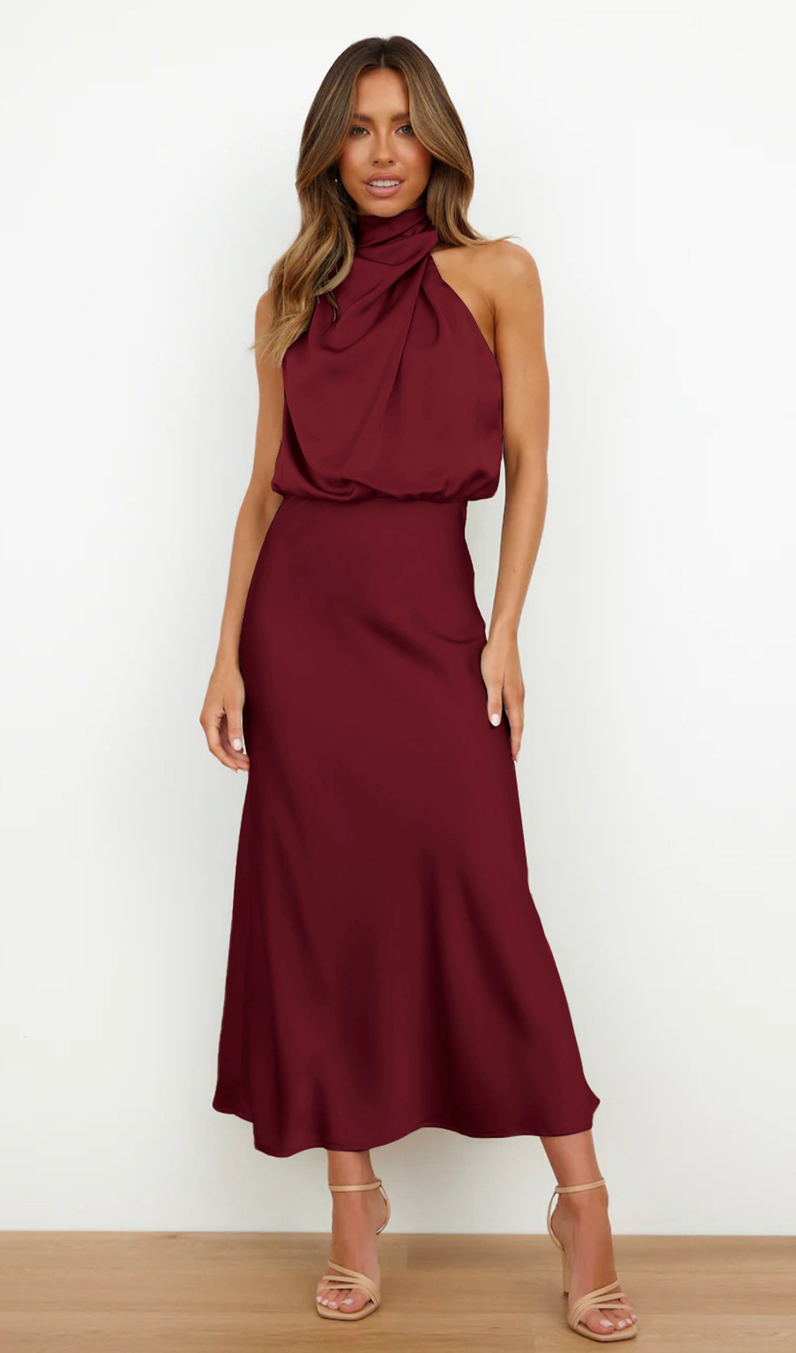 Asimetrik Saten Midi Elbise