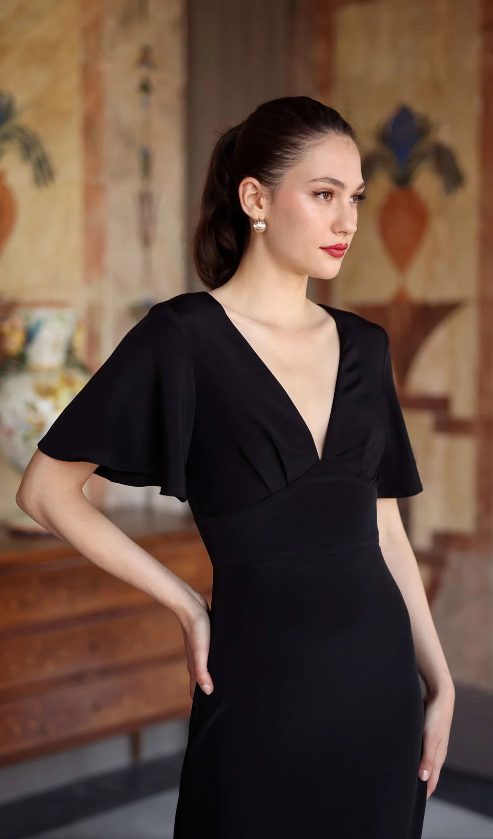 V Yaka Abiye Midi Elbise-Siyah