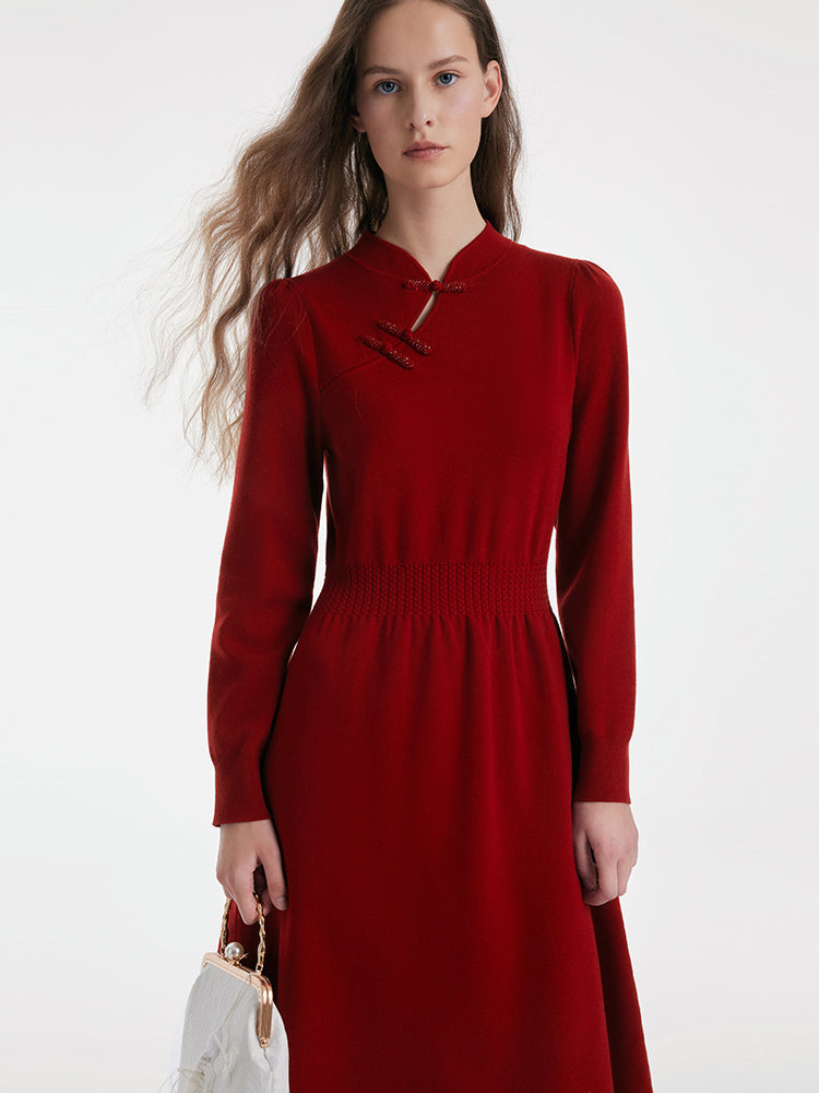 Yün Cheongsam Büzgülü Bel Qipao Kırmızı Midi Kışlık Elbise