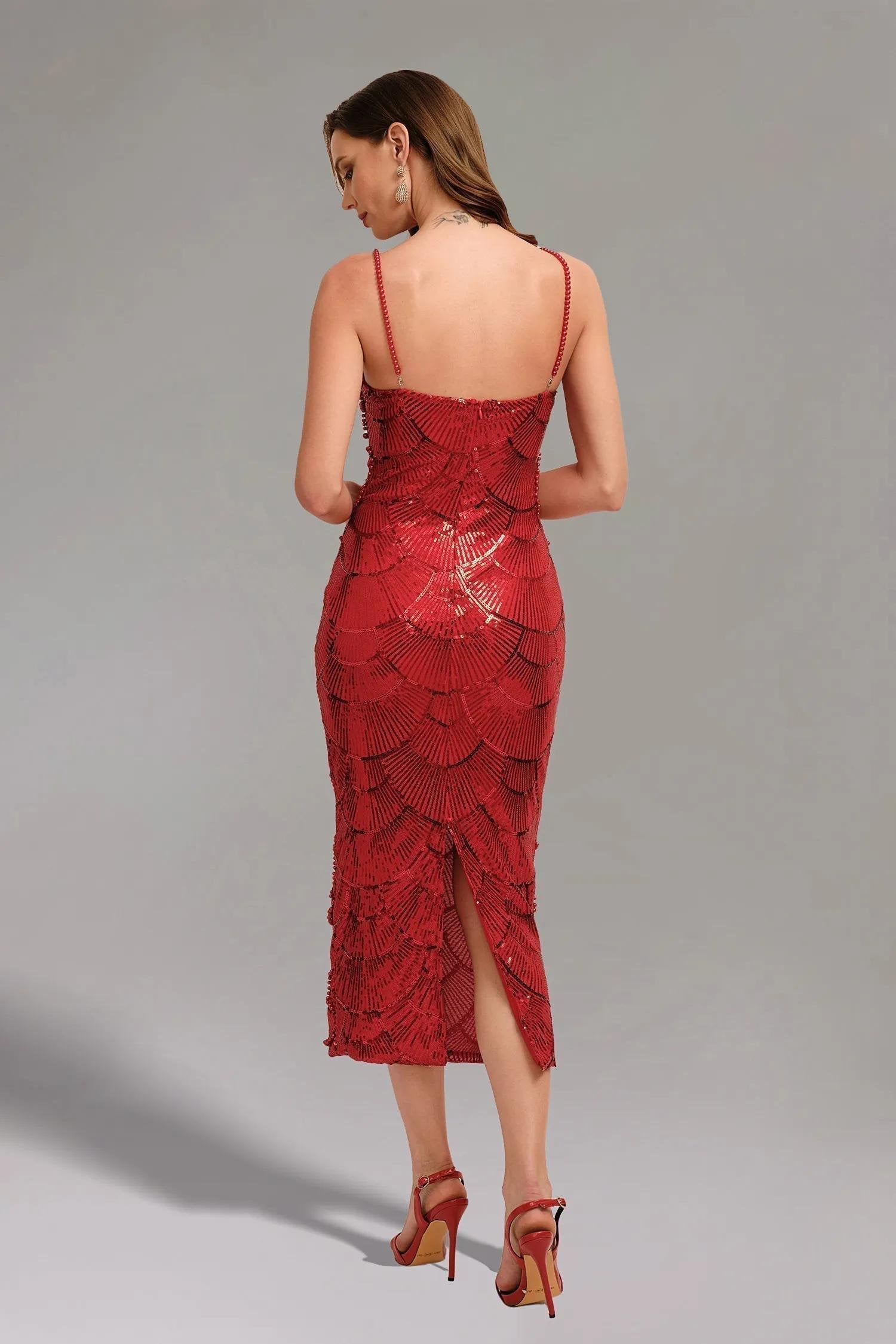 Teressa Kırmızı İnci İşlemeli Askılı Maxi Elbise