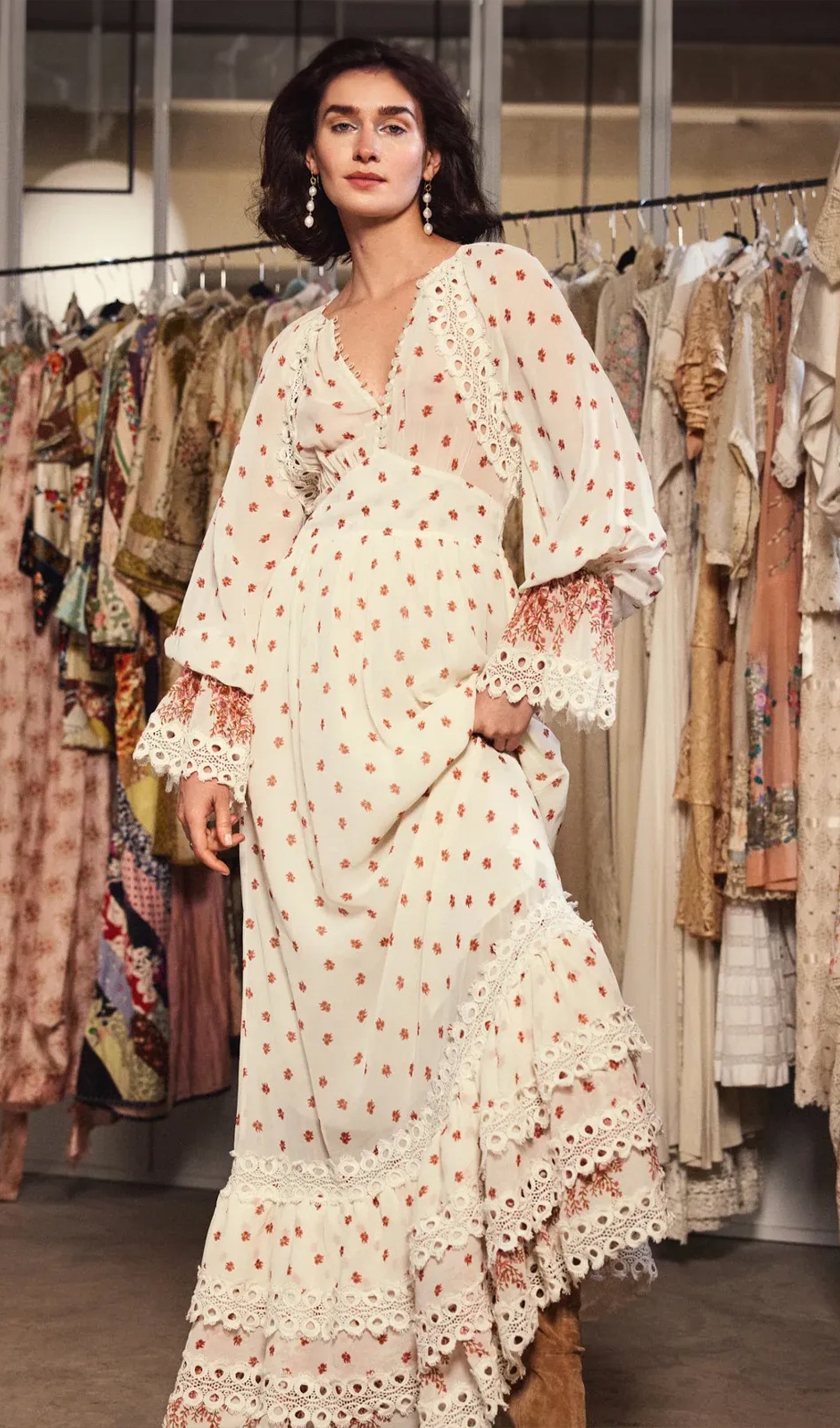 Çiçekli Uzun Kollu V Yaka A Line Maxi Elbise