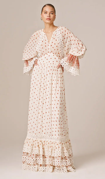 Çiçekli Uzun Kollu V Yaka A Line Maxi Elbise