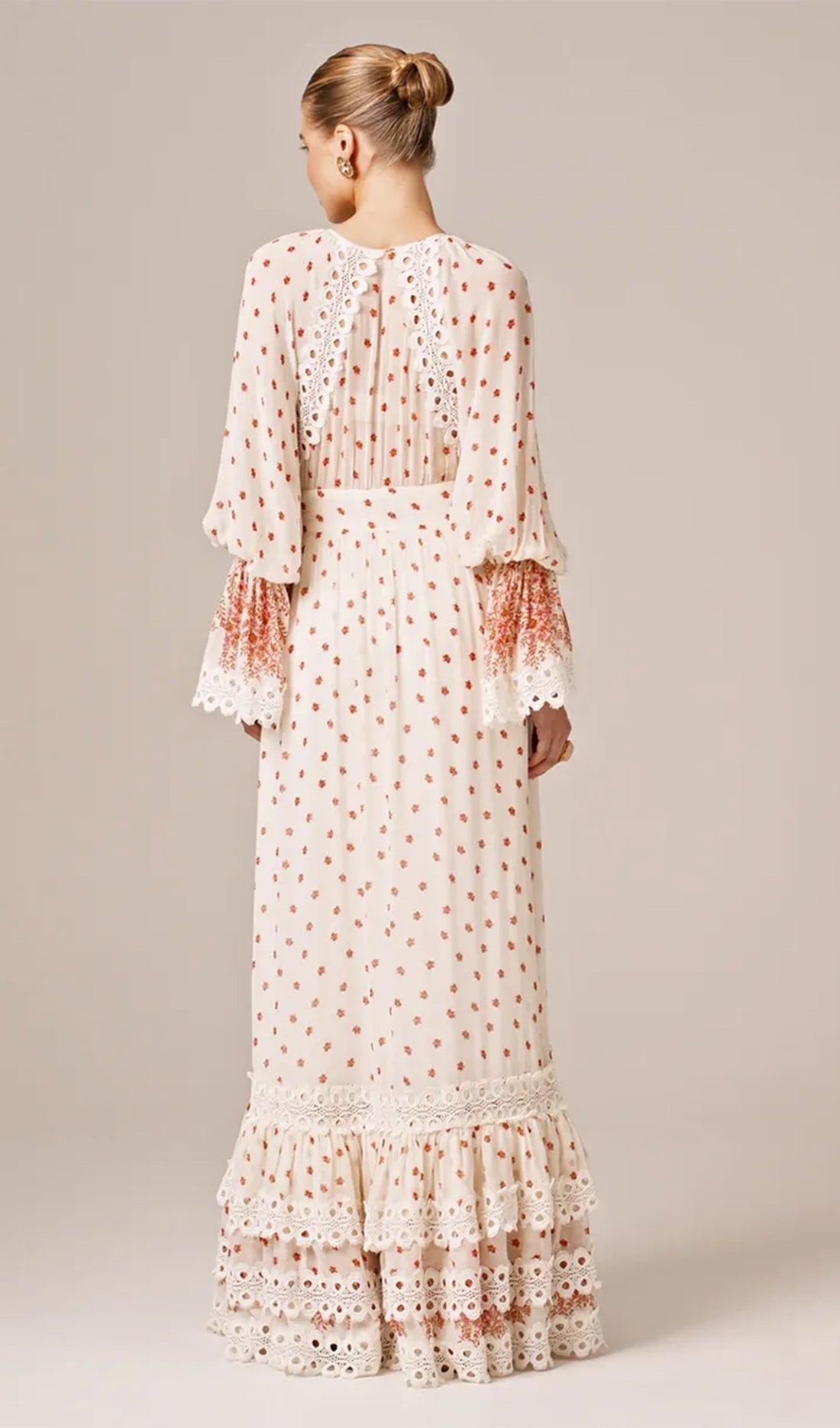 Çiçekli Uzun Kollu V Yaka A Line Maxi Elbise