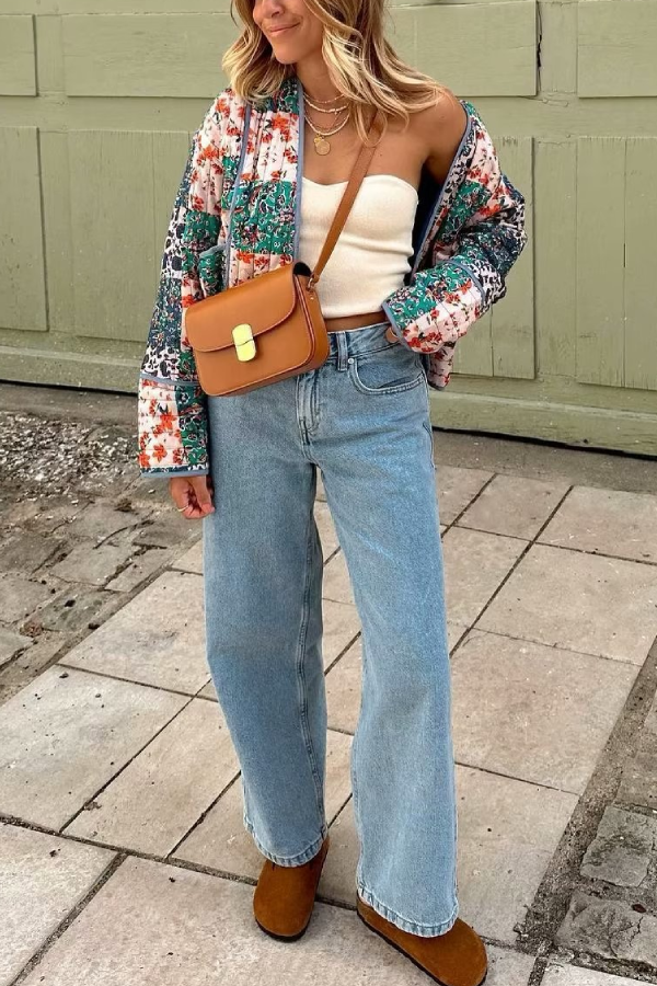 Moda Baskılı Bol Günlük Hırka Kısa Kapitone Pamuklu Ceket