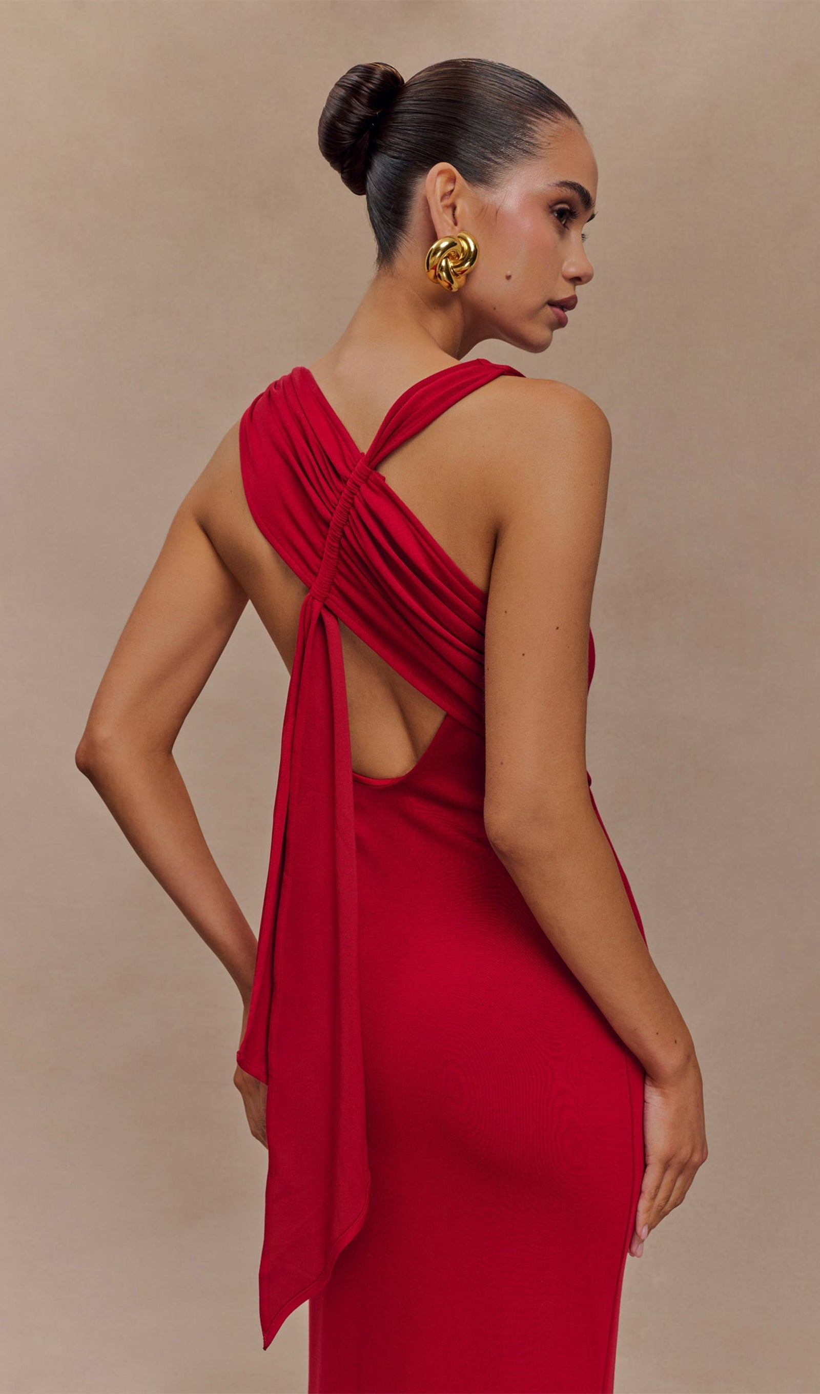 Asimetrik Scuba Jersey Maksi Elbise Ruby