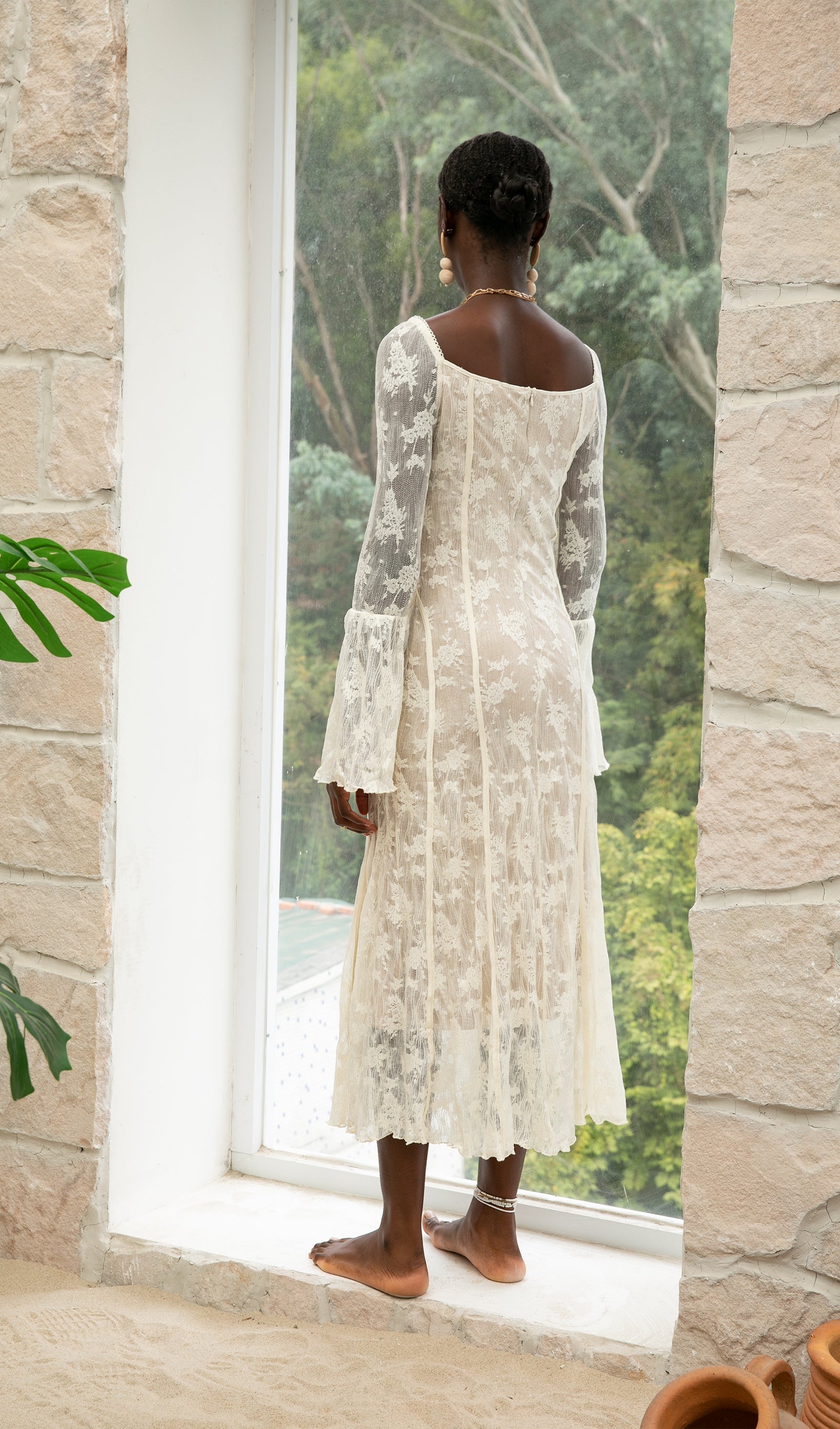 Trendy Vintage Krem Dantel Maksi Elbise