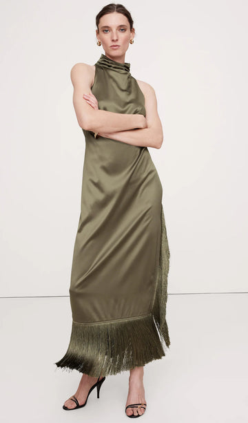 Püsküllü Saten Midi Elbise Çınar Kahverengi