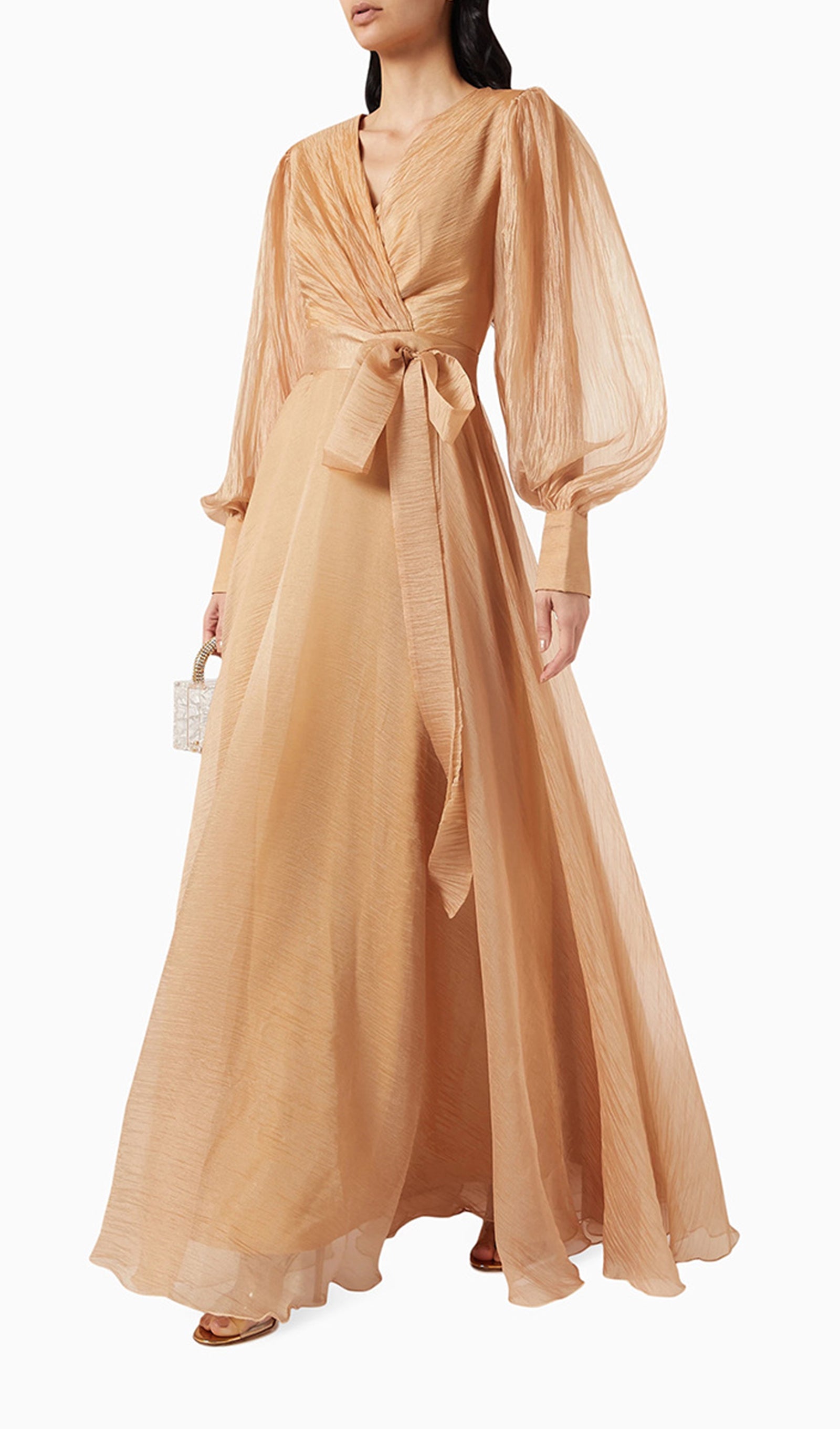 Fener Kollu V Yaka Bel Kemerli Maksi Elbise