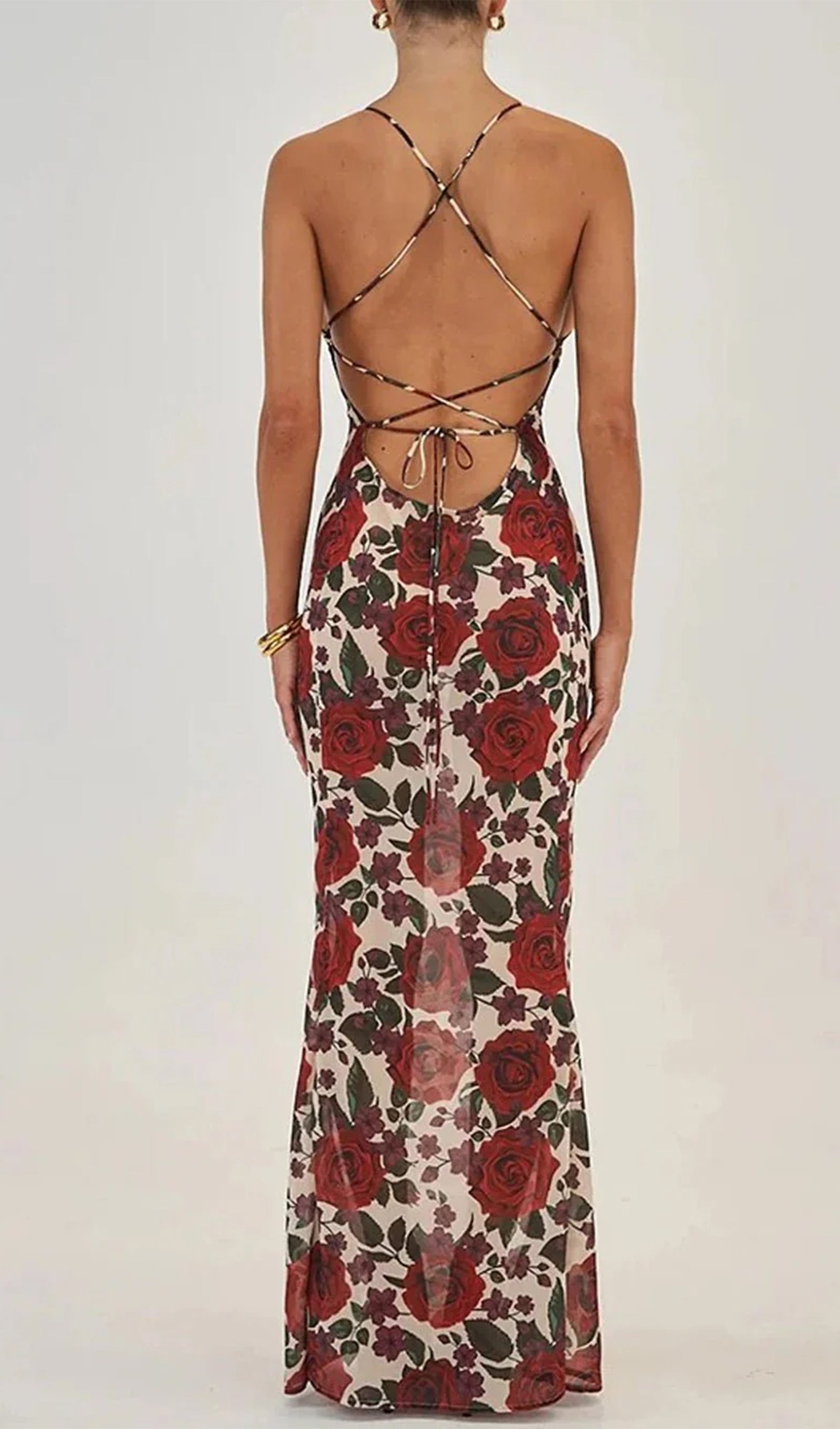 Kırmızı Çiçekli Sırtı Açık Maksi Elbise