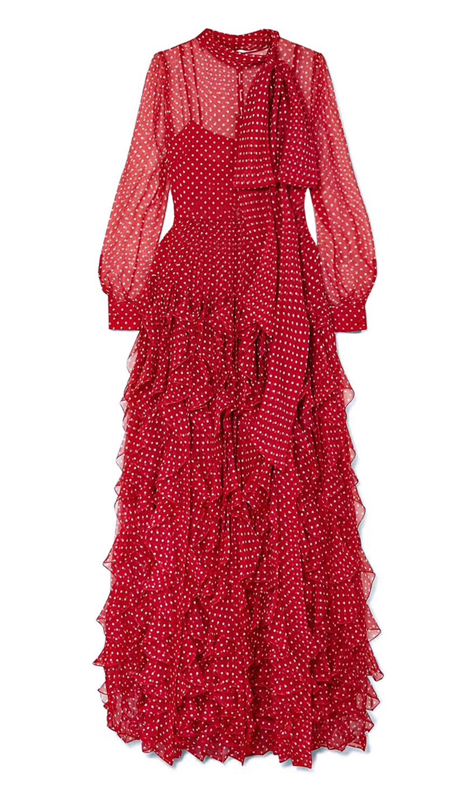 Vintage Görünümlü Puantiyeli Fırfırlı Maksi Elbise Kırmızı