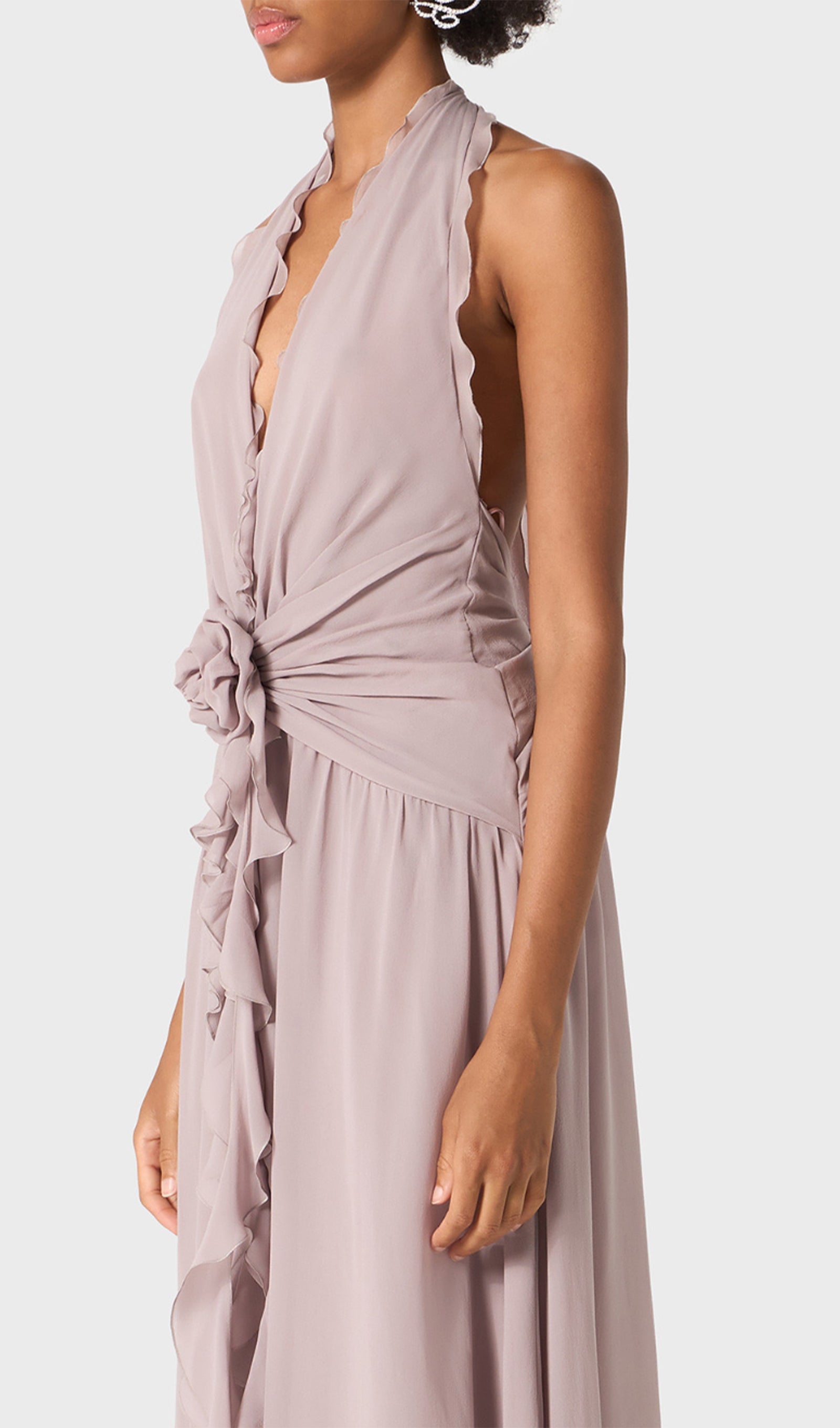 Halter Ruffles Gül Süslemeli Maksi Elbise