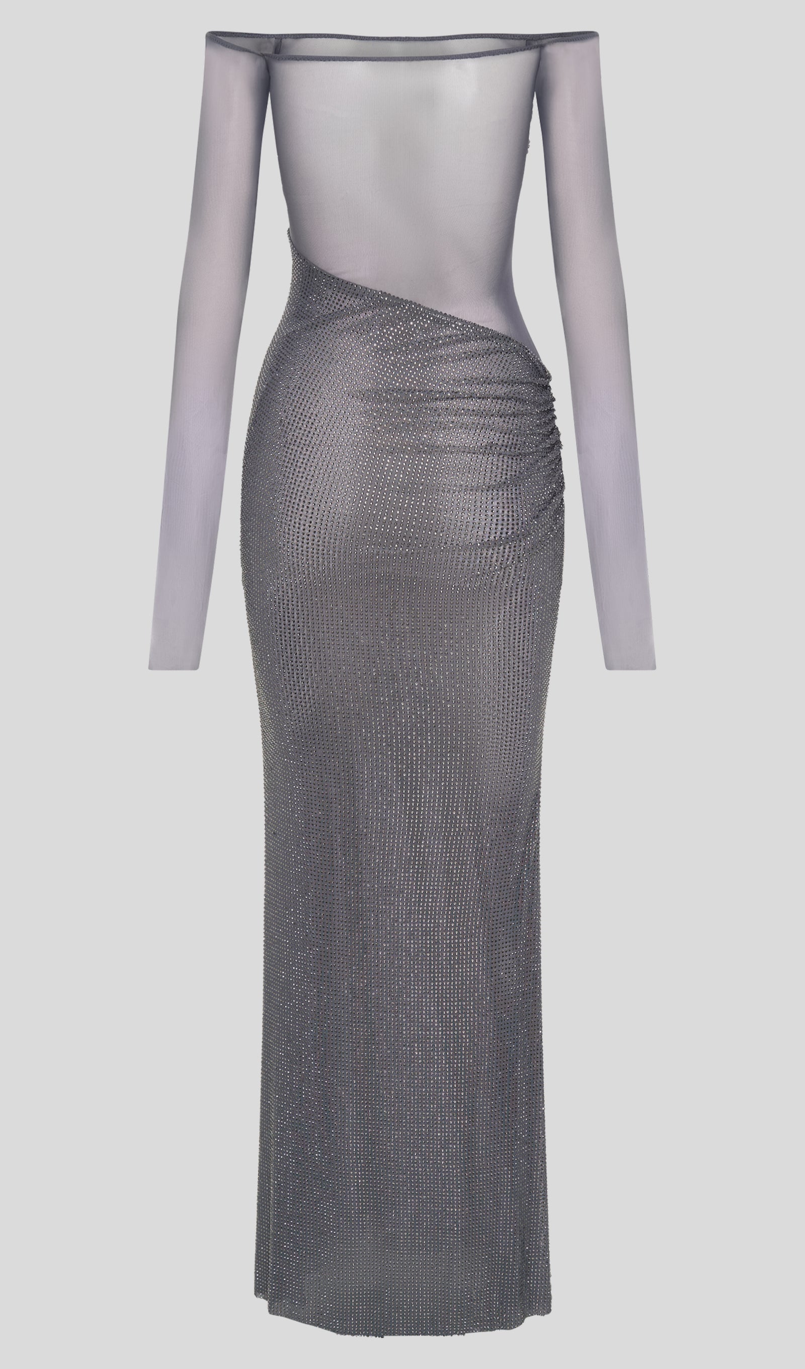 Diamante Kapalı Omuz Maksi Elbise - Gri Mor