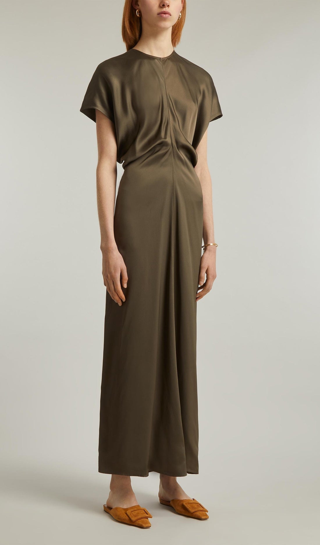 Slouch Bel Saten Midi Elbise-Yeşil