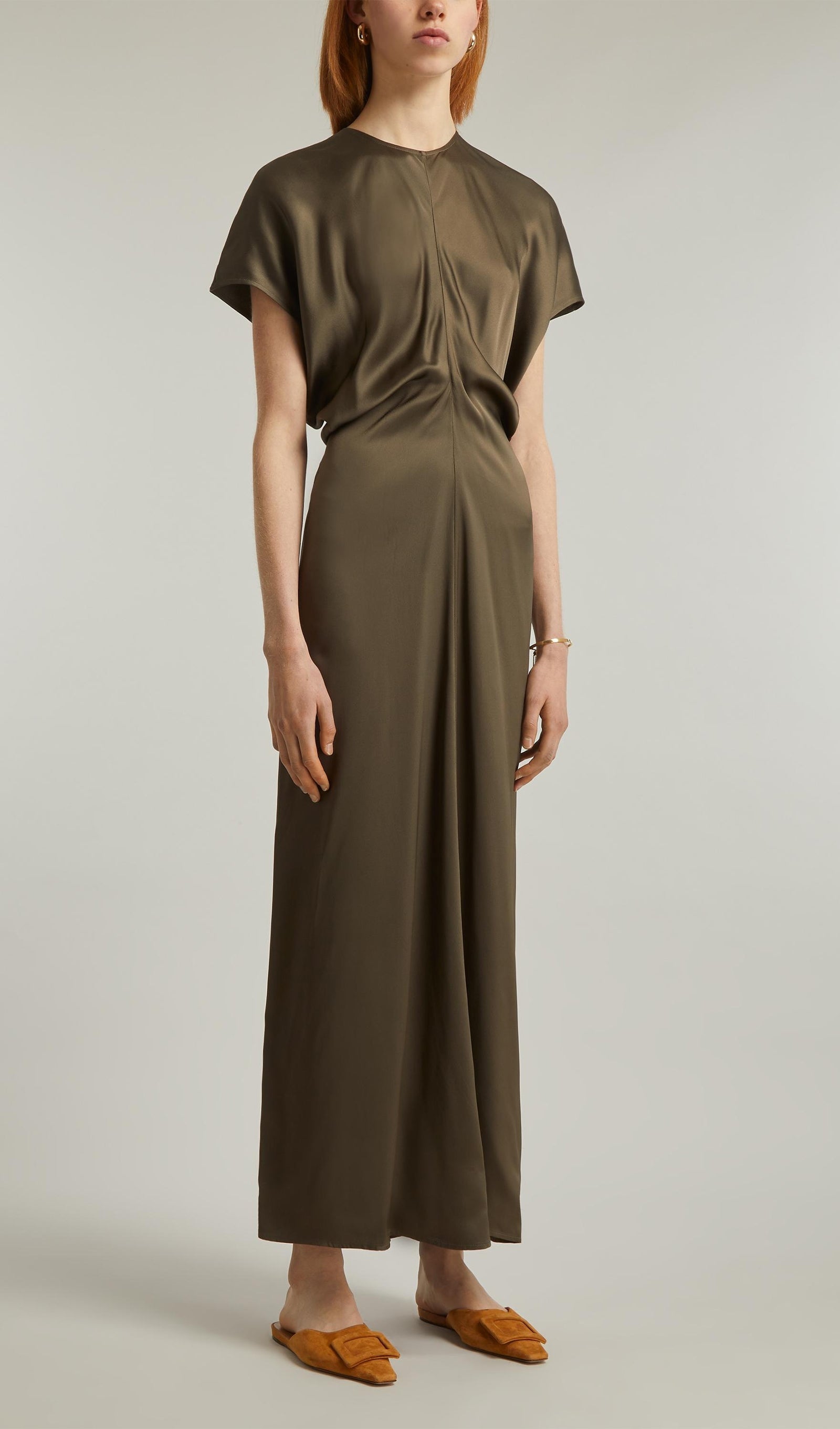 Slouch Bel Saten Midi Elbise-Yeşil