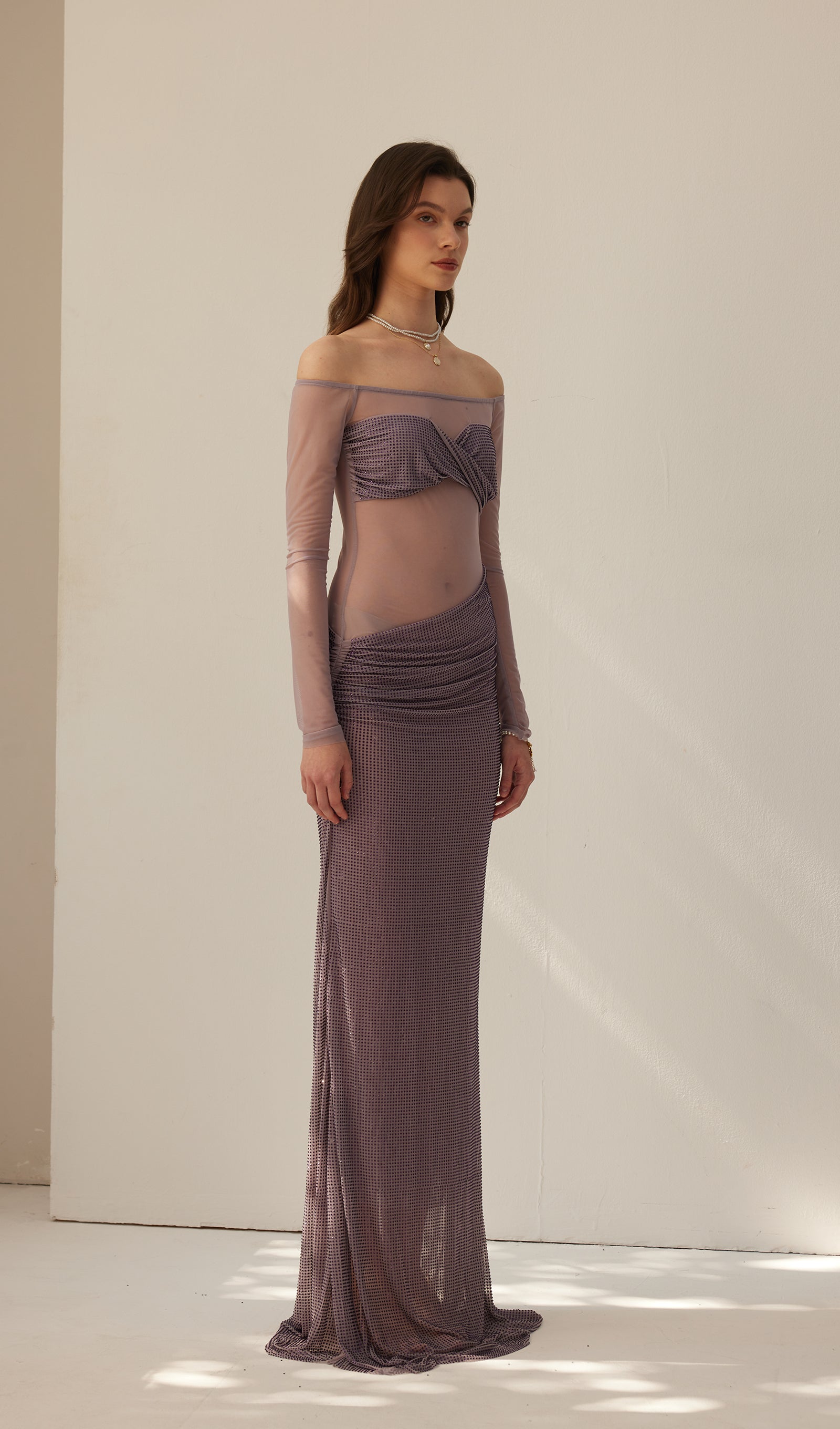 Diamante Kapalı Omuz Maksi Elbise - Gri Mor