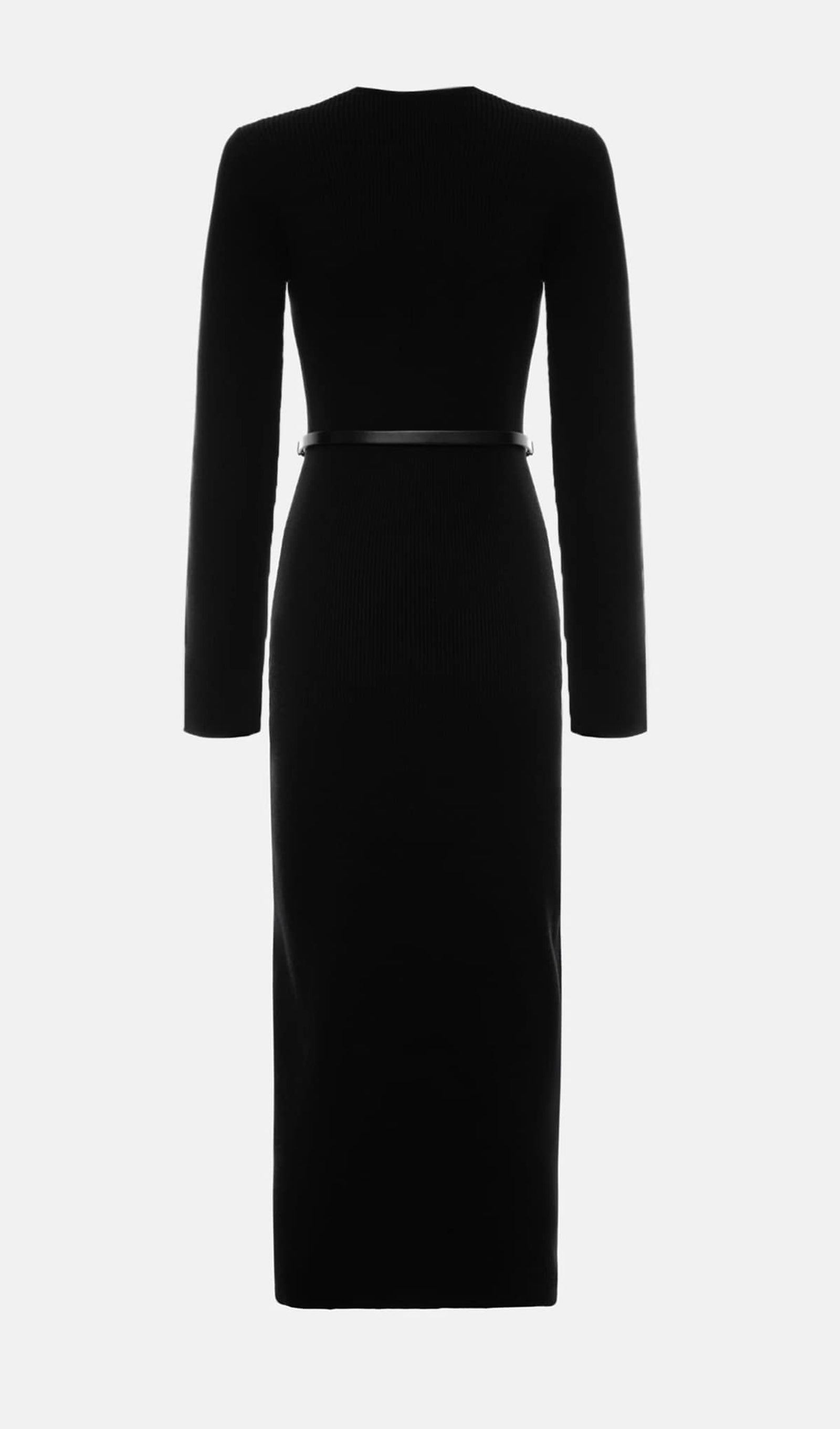 Örme V Yaka Midi Elbise -Siyah