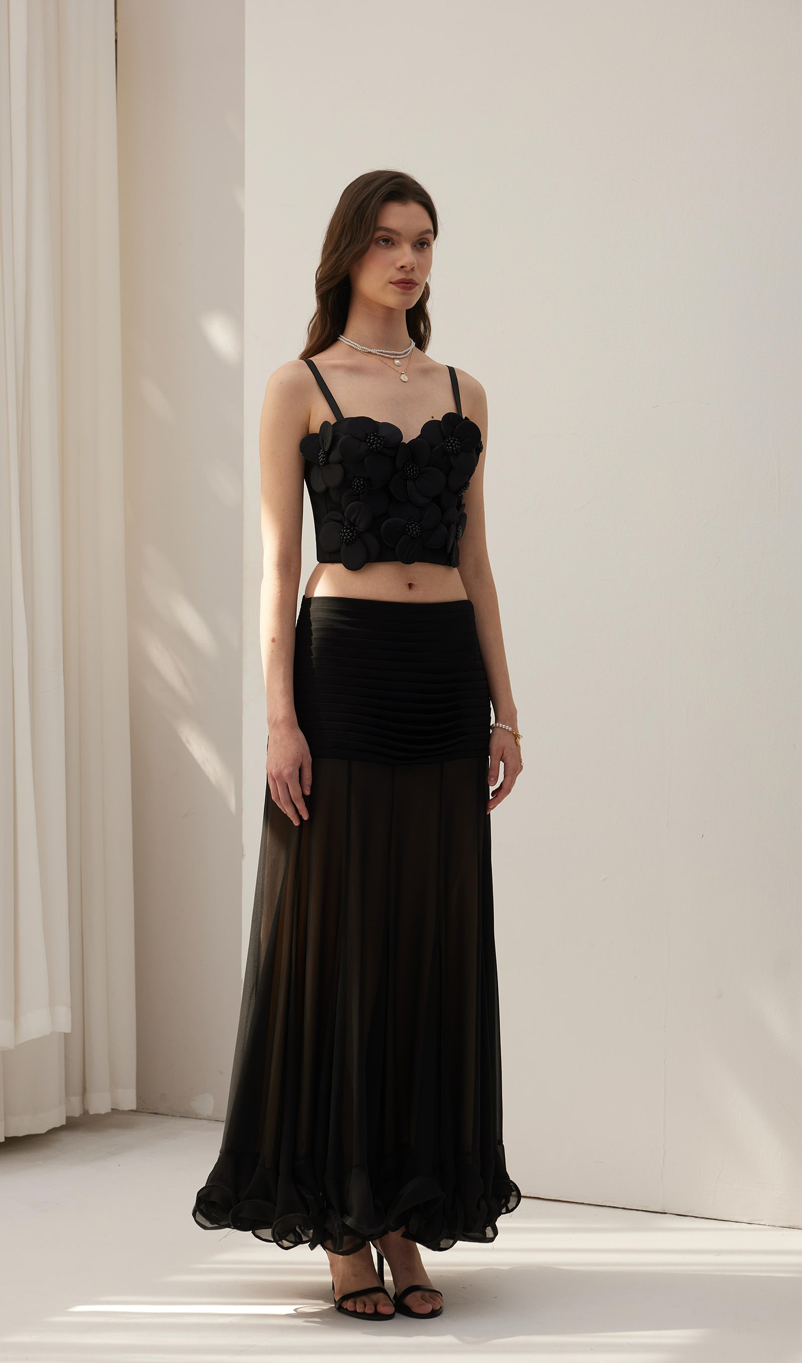 Fırfırlı Şifon Maksi Etek Siyah