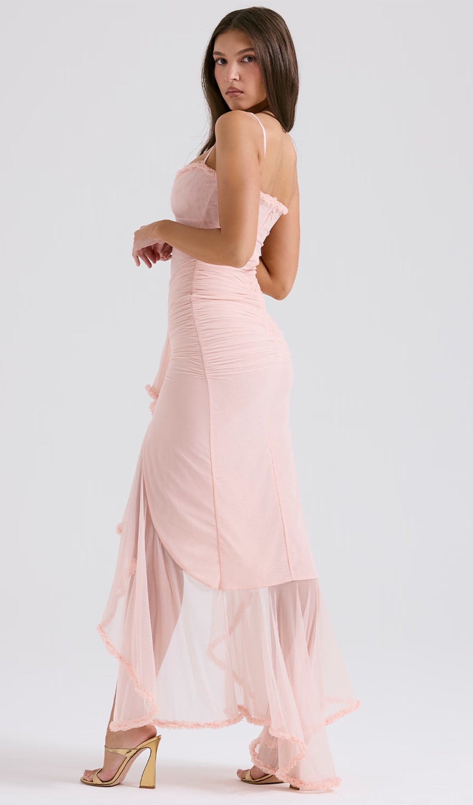 Fırfırlı Önden Elbiseli Maksi Elbise-Pembe