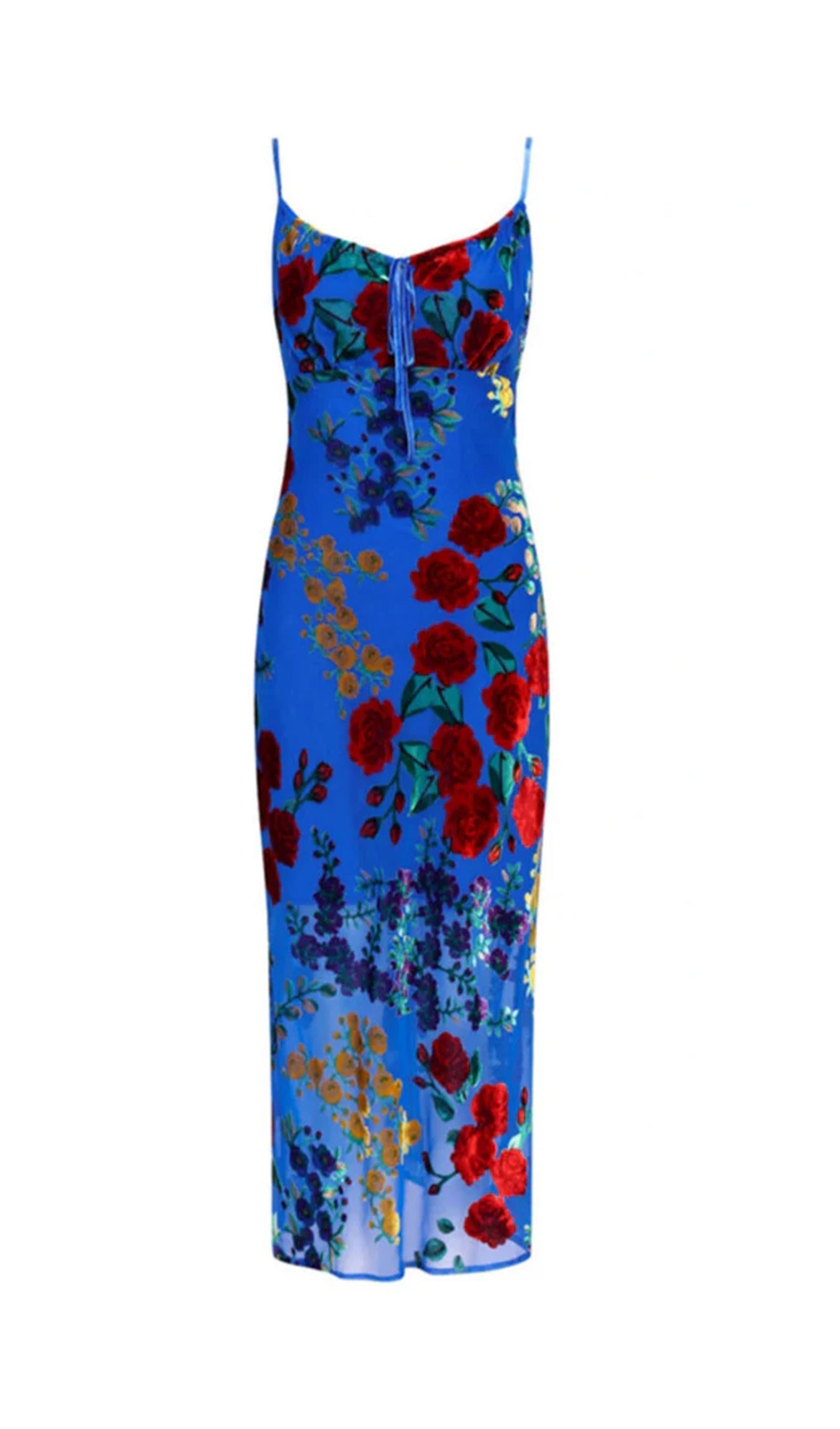 Branden Mavi Çiçekli Midi Elbise