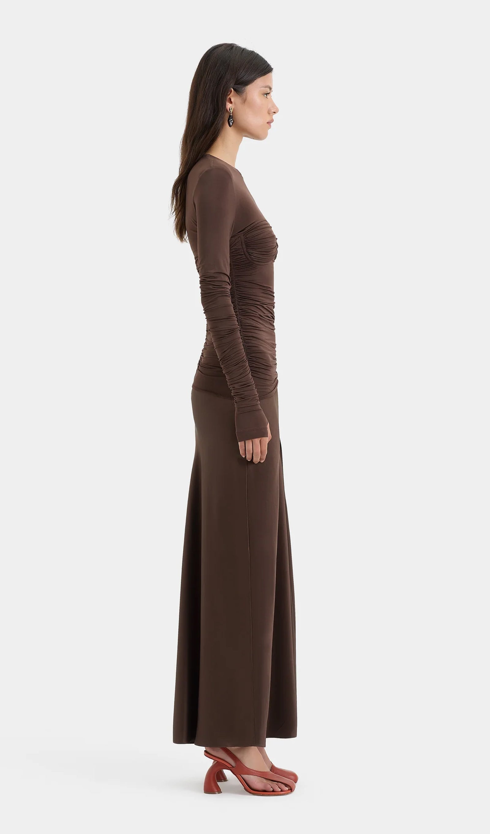 Drapeli Jersey ve Saten Maksi Elbise-Kahverengi