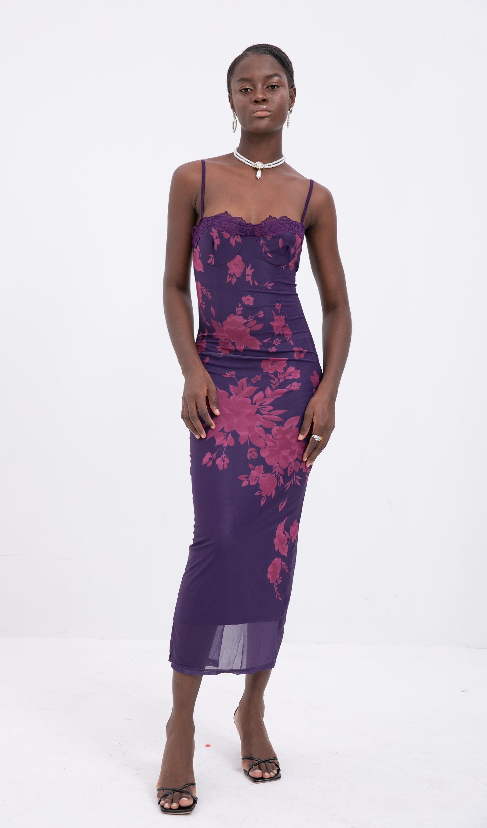 Trendy Bağcıklı Dantel Çiçekli Örgü Midi Elbise