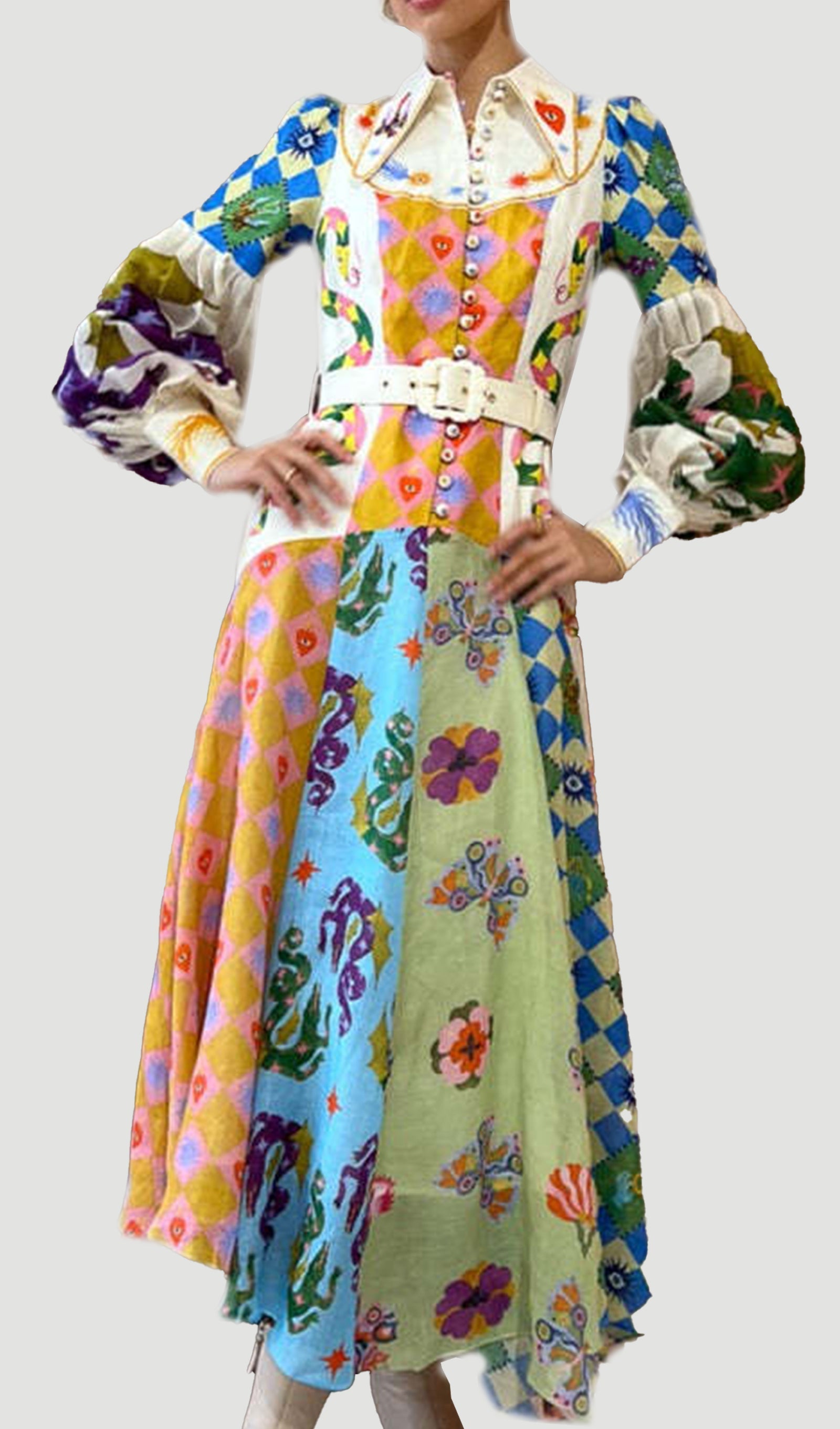 Patchwork Fener Kollu Kemer Gömlek Maksi Elbise