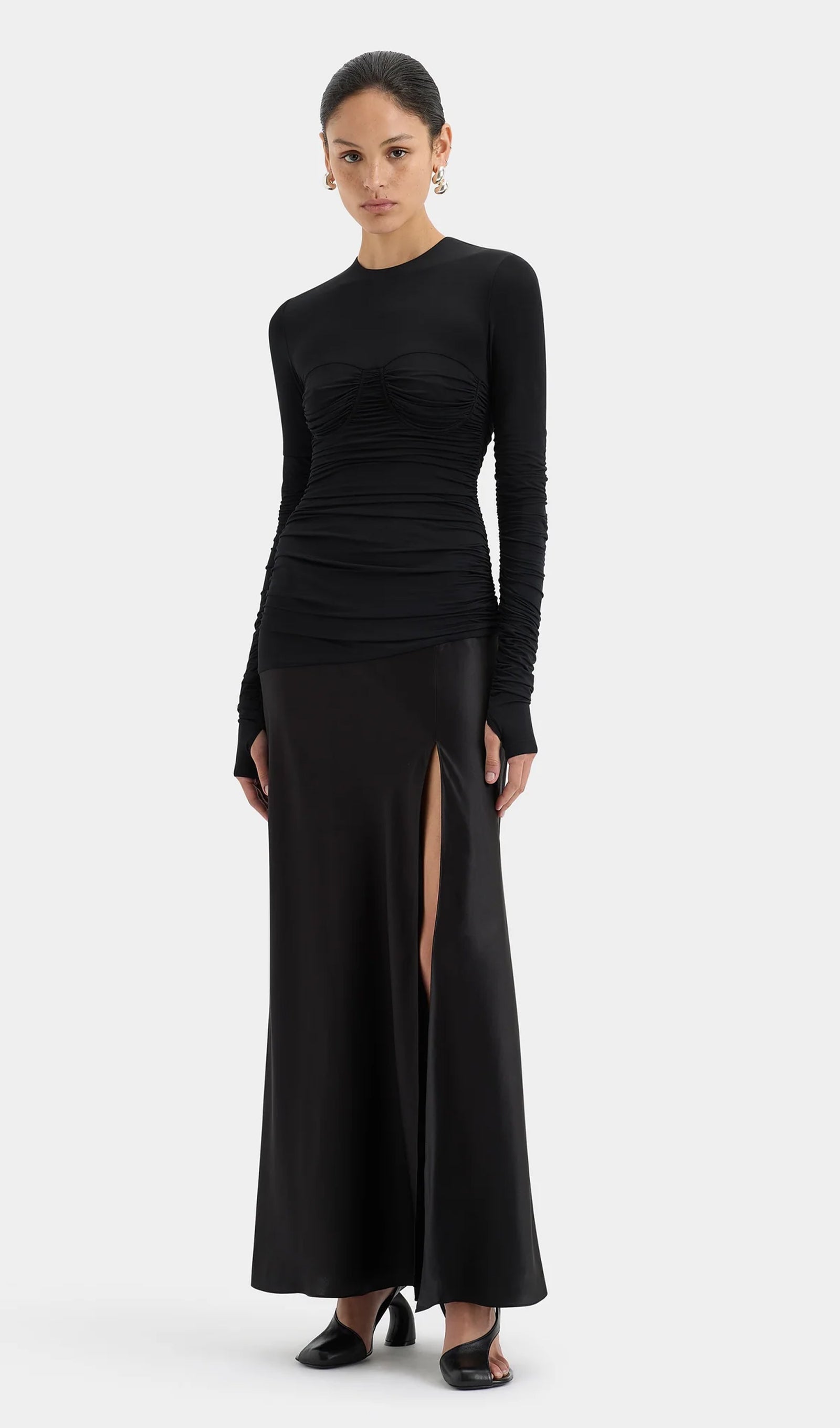 Drapeli Jersey ve Saten Maksi Elbise-Siyah