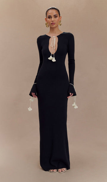 Çiçekli Bağcıklı Örgü Maksi Elbise