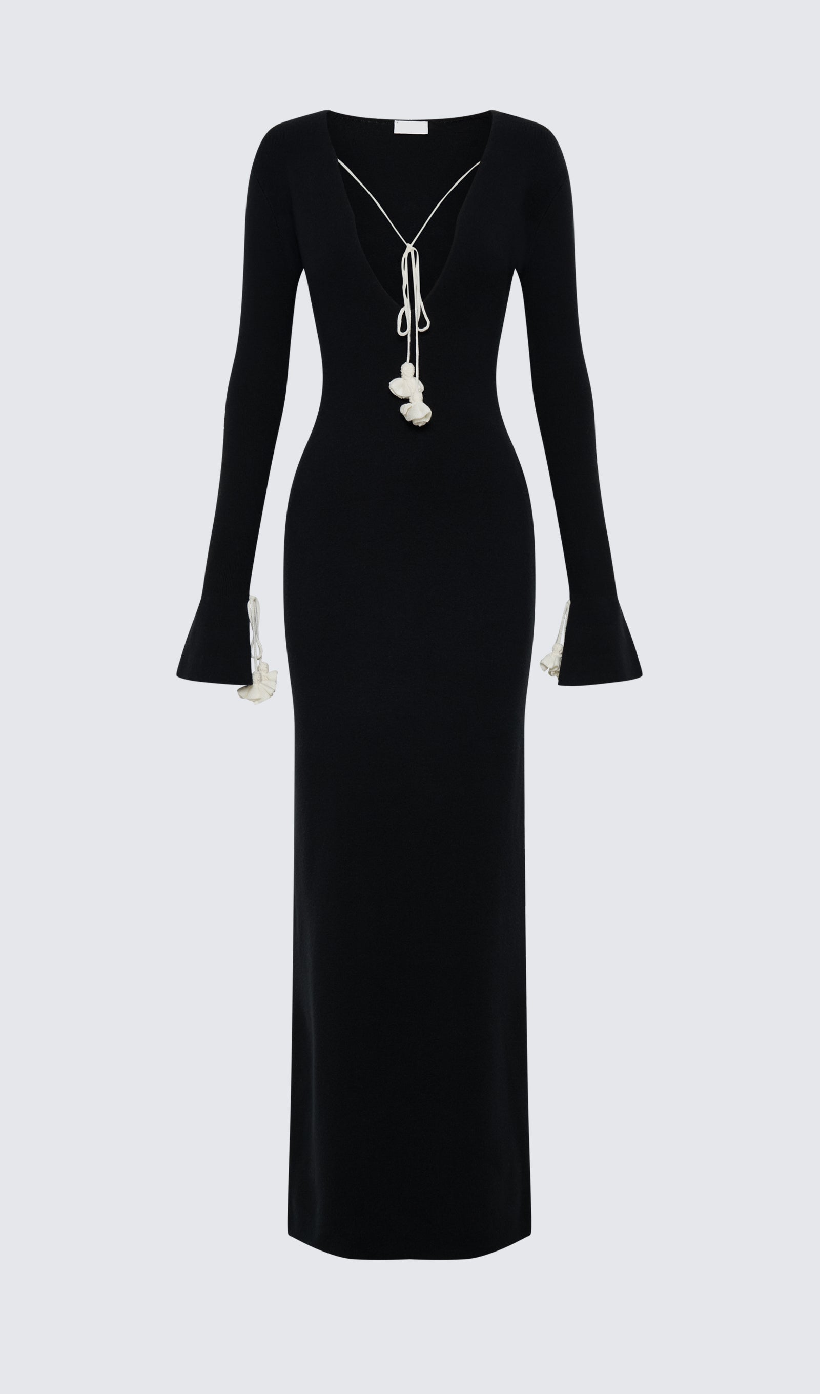 Çiçekli Bağcıklı Örgü Maksi Elbise