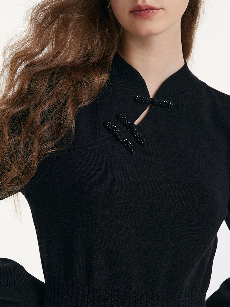 Yün Cheongsam Büzgülü Bel Qipao Kırmızı Midi Kışlık Elbise