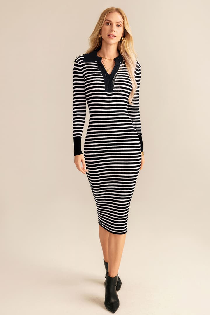 Gündelik V Yaka Örgü Çizgili Uzun Kollu Midi Elbise