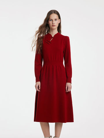 Yün Cheongsam Büzgülü Bel Qipao Kırmızı Midi Kışlık Elbise