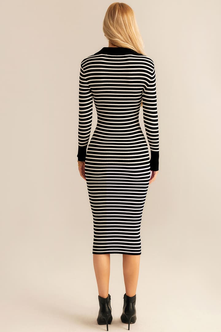 Gündelik V Yaka Örgü Çizgili Uzun Kollu Midi Elbise