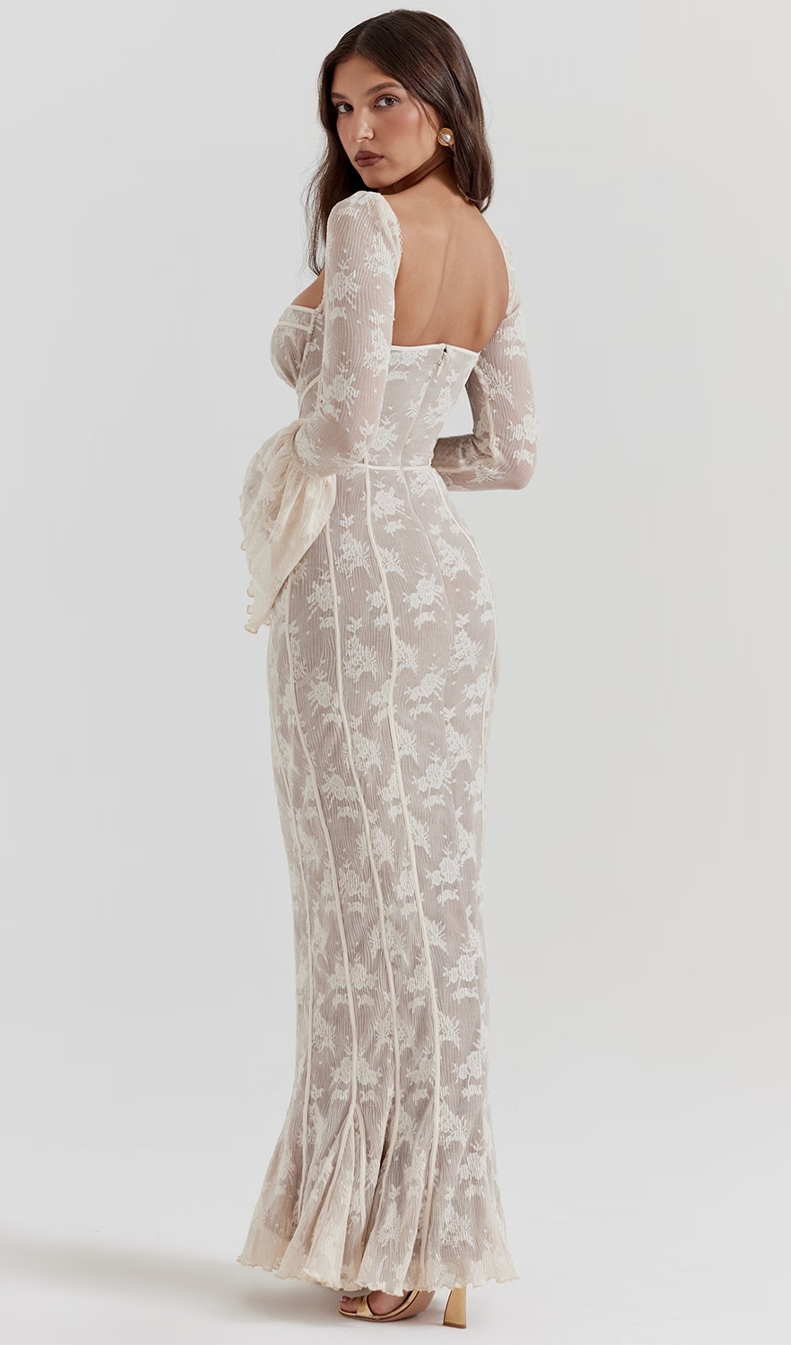 Vintage Krem Dantel Maksi Elbise